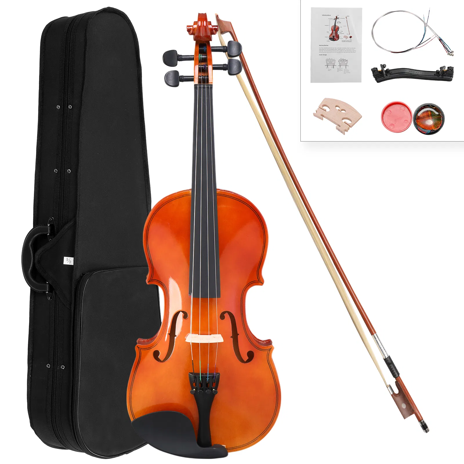 GV100 4/4 Acoustic Violin Case Bow Rosin Strings Tuner Shoulder Rest Natural photo 8
