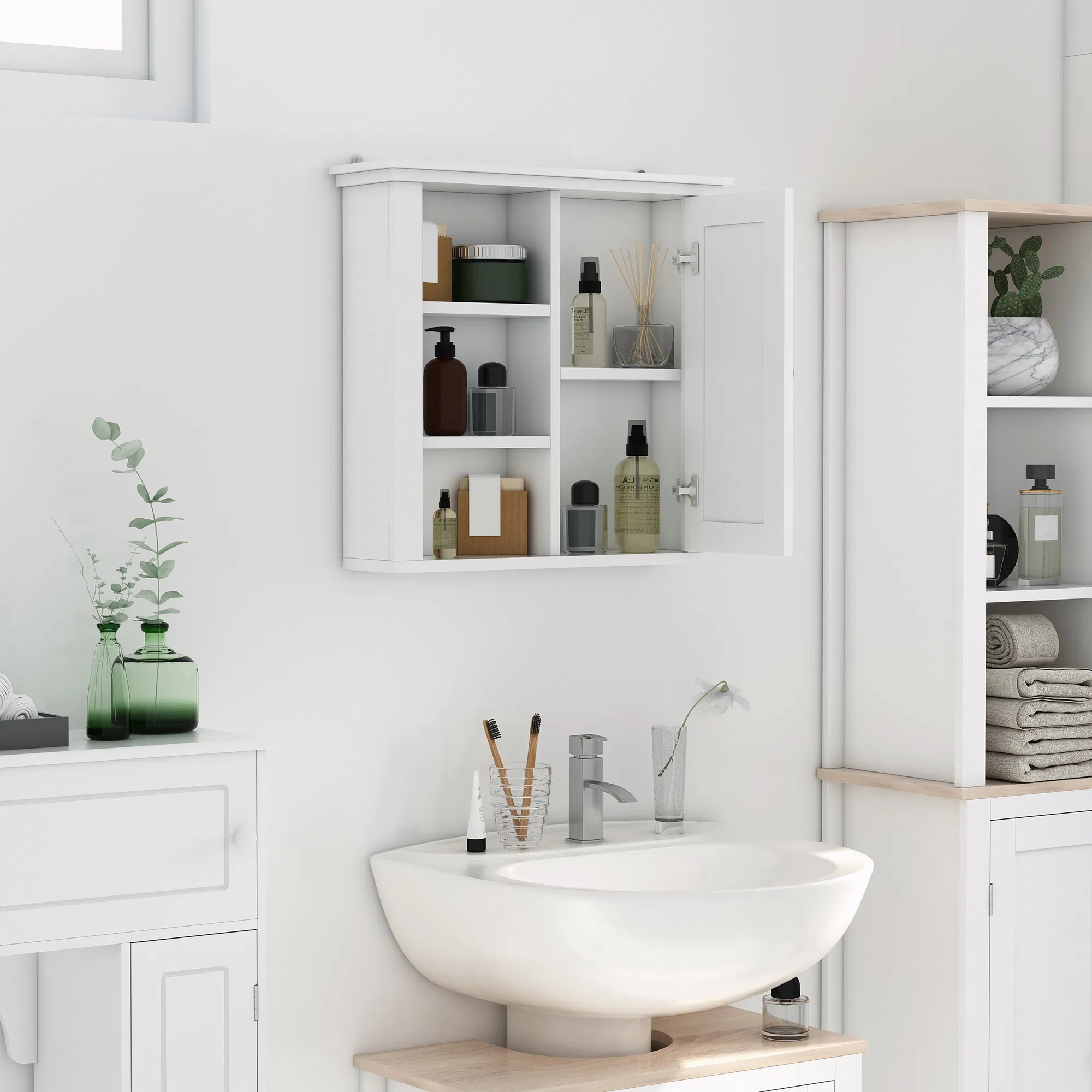 Bathroom Wall Cabinet, Wall Mounted Medicine Cabinet with 3 Open Shelves and Storage Cupboard for Laundry Room, White photo 5