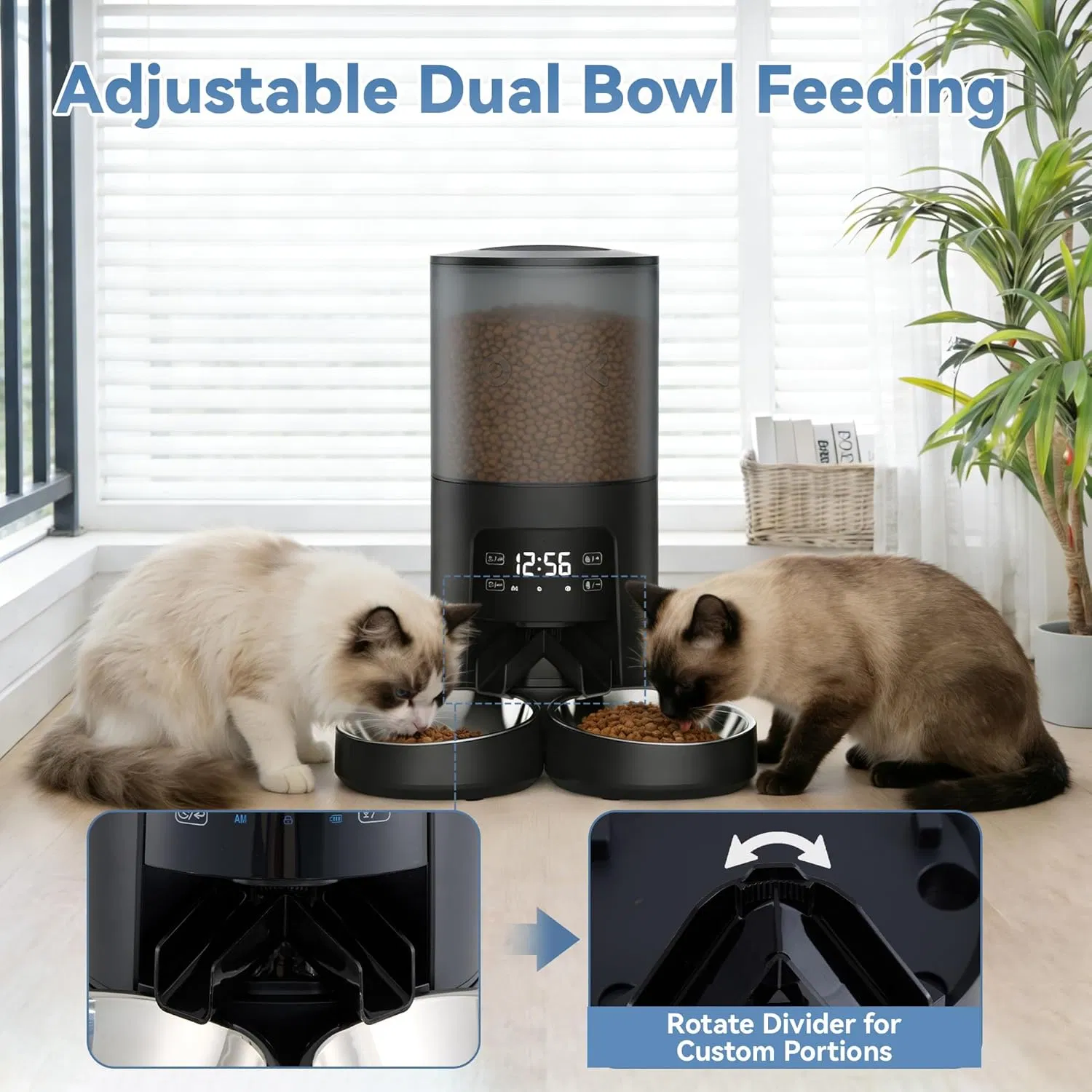 6L Automatic Cat Feeder for 2 Cats, Timed Cat Food Dispenser with 2 Stainless Bowls, 10s Voice Recorder, Dual Power Supply, 6 Meals 50 Portions Per Day, Dual Pet Feeder for Cat and Dog photo 7