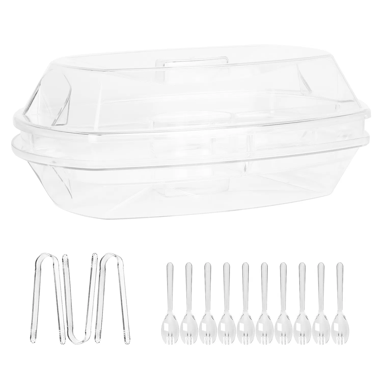 Fruit Ice Serving Tray Chilled Veggie Tray Shrimp Cocktail Serving Dish Appetizer Party Serving Platter Cold Food Buffet Server with Lid and 4 Compartments 3 Tongs 10 Sporks photo 7