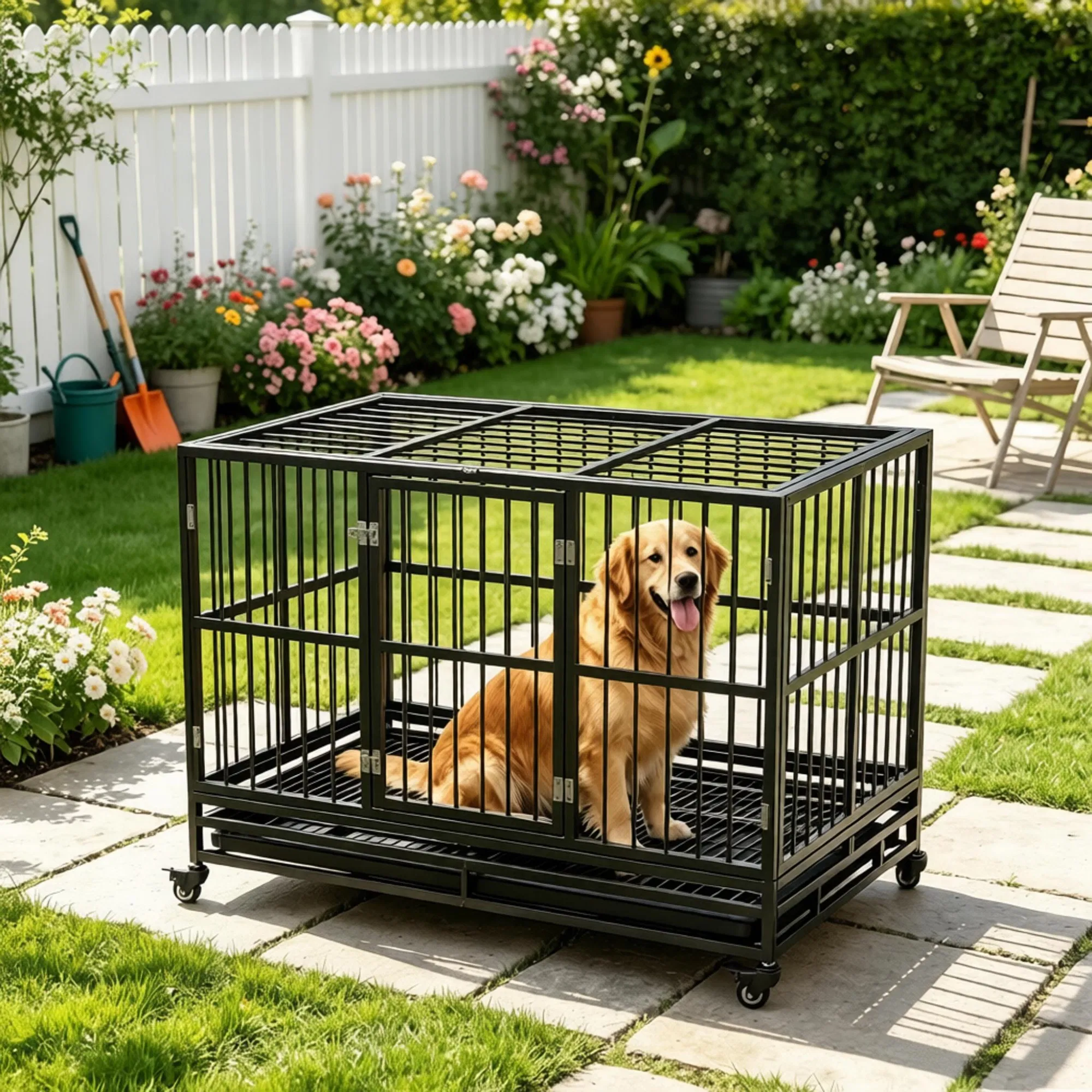 48" Heavy Duty Metal Dog Crate Kennel with Lockable Wheels Double Door Removable Tray Gray photo 1