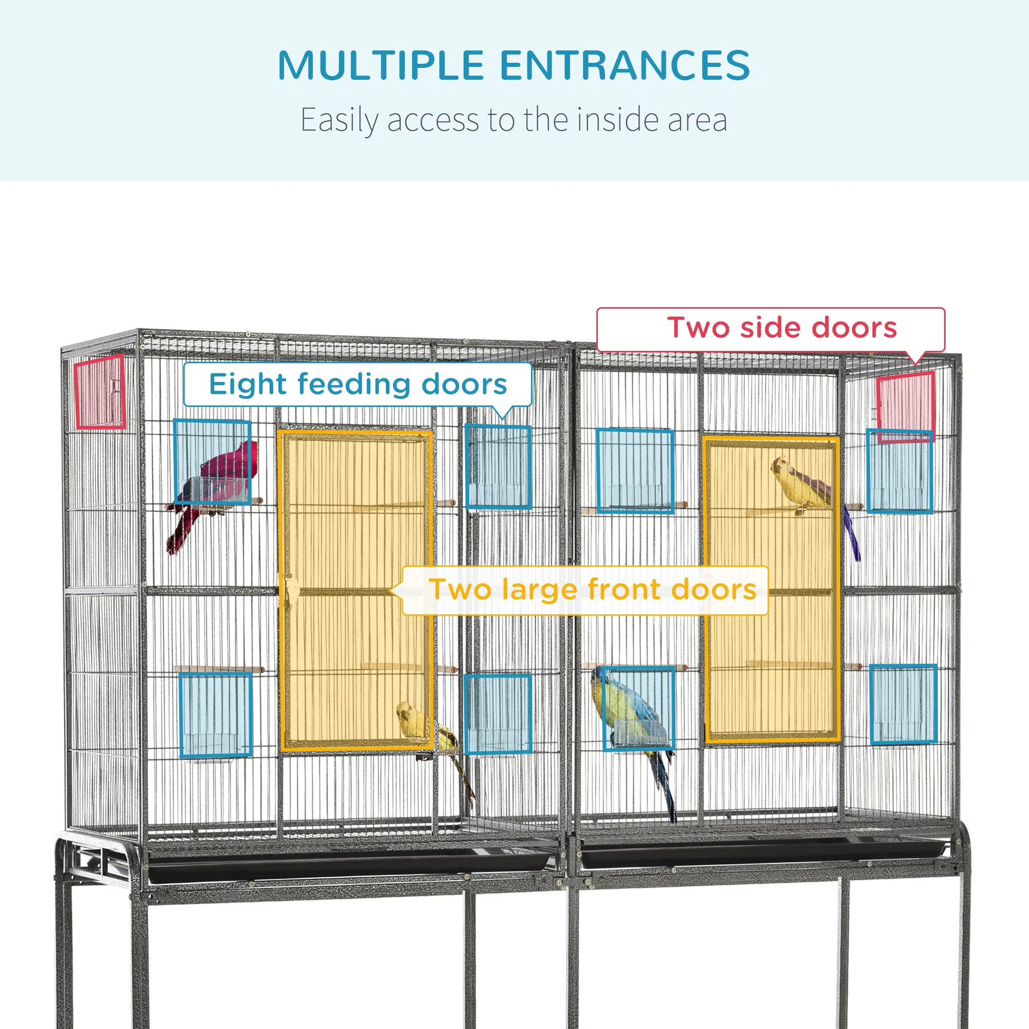 64" Extra Large Bird Cage, Rolling Metal Parrot Cage, Bird House with Detachable Rolling Stand, Storage Shelf, Wood Perch, Food Container, 62.8" x 18.9" x 64.2" photo 2