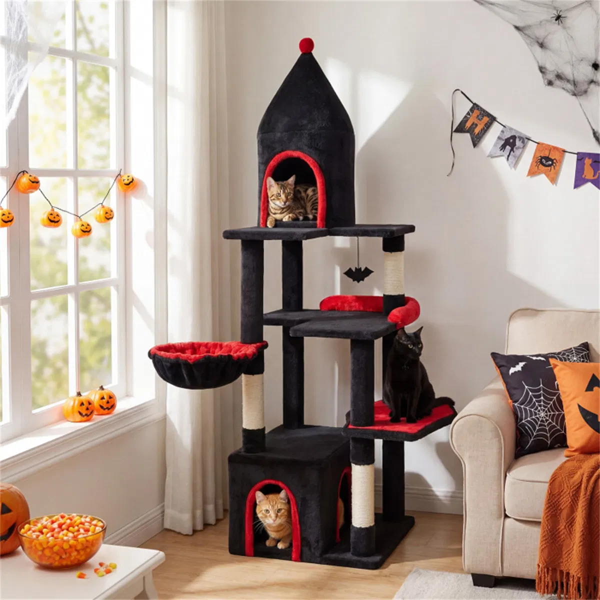 Gothic 5-Level Cat Tree 63" Tall with Sisal Scratching Posts Black Red Cat Tower photo 8