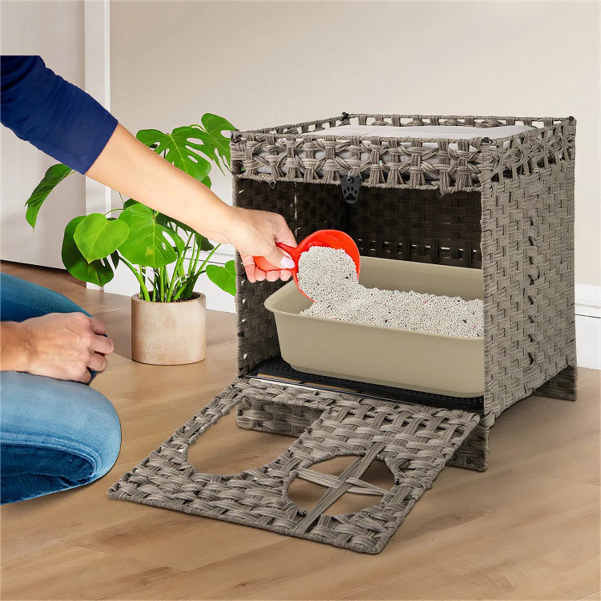 2-Tier Wicker Cat Condo with Litter Mat - Hidden Litter Box Enclosure, Detachable Washable Cushion, Gray Rattan photo 2