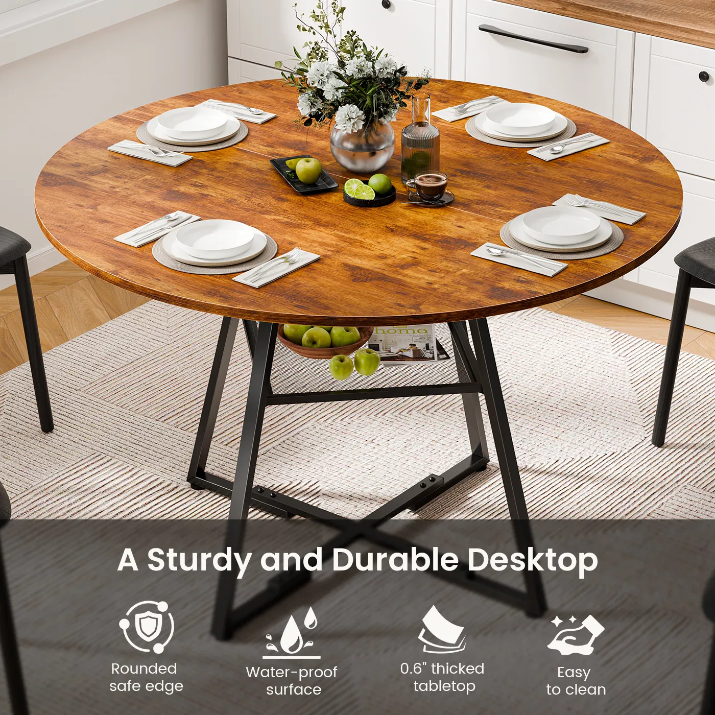 Round table, suitable for 4 to 6 people, a space-saving kitchen table with double-layer storage function, metal base frame photo 5