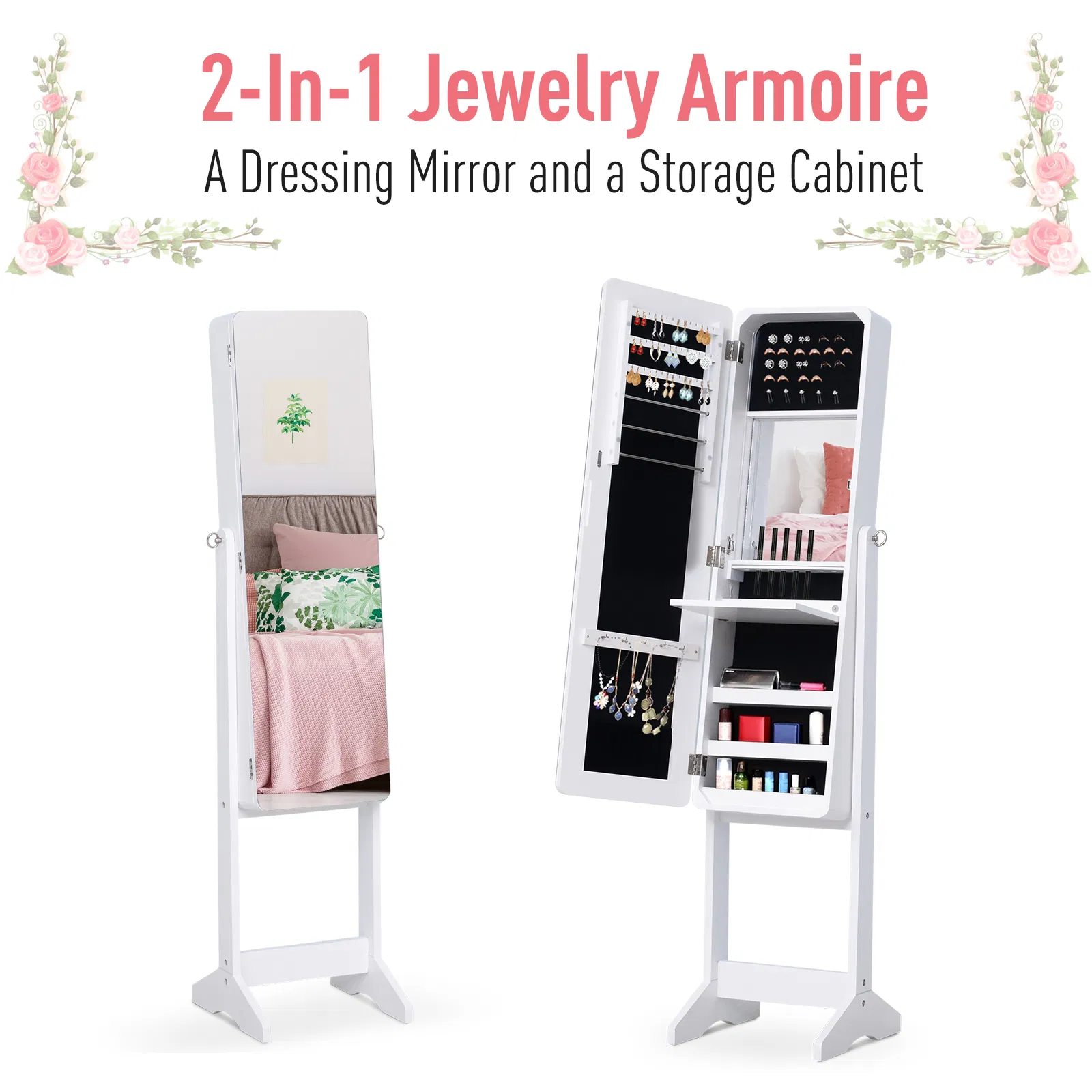 Mirrored Jewelry Armoire LED Lights Freestanding Organizer Adjustable Angle Lockable Cabinet White photo 5