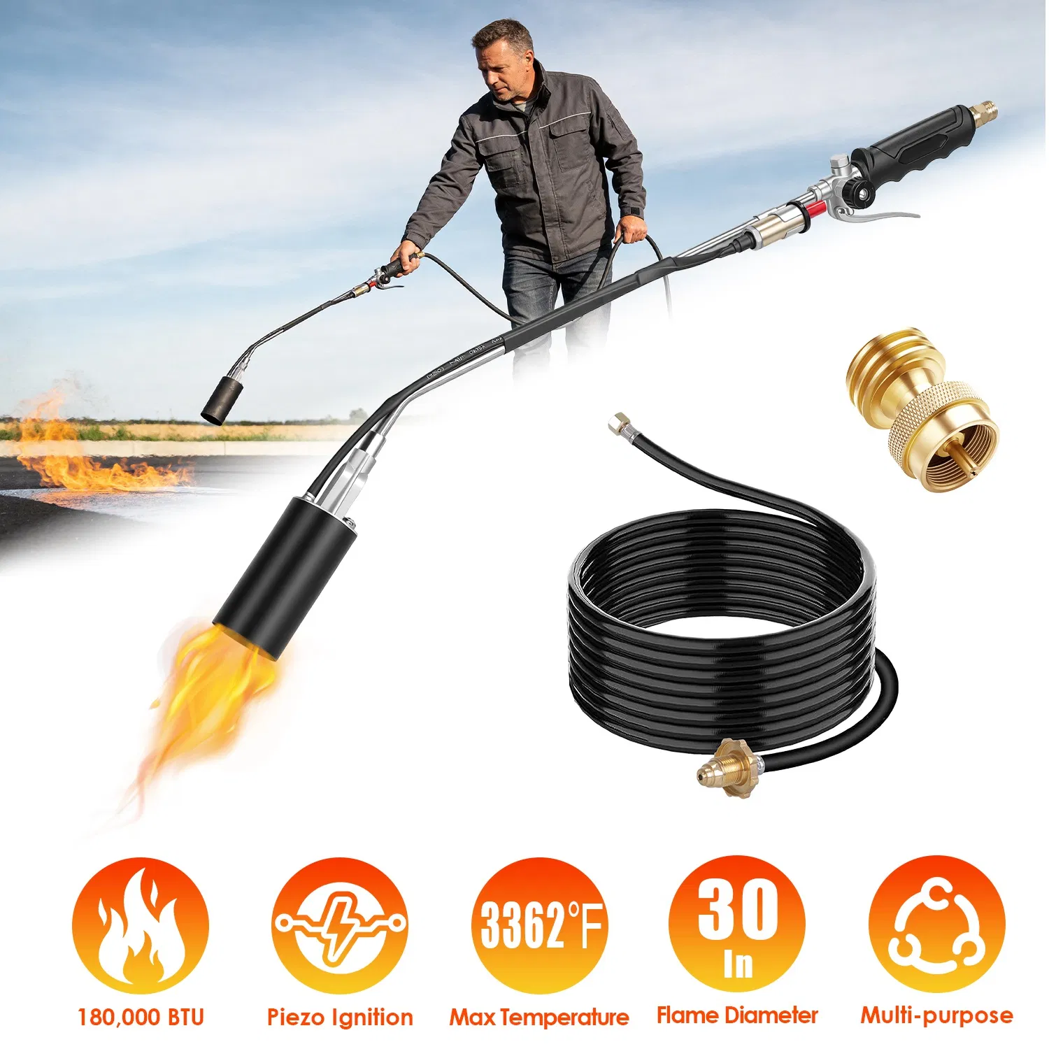 Heavy Duty Weed Torch with Piezo Ignition, 180,000 BTU Propane Torch Compatible with 1lb to 100lb Tanks & MAPP Fuel, 10FT Hose, for Weeding, Melting Ice, Starting Fires, Roofing photo 5
