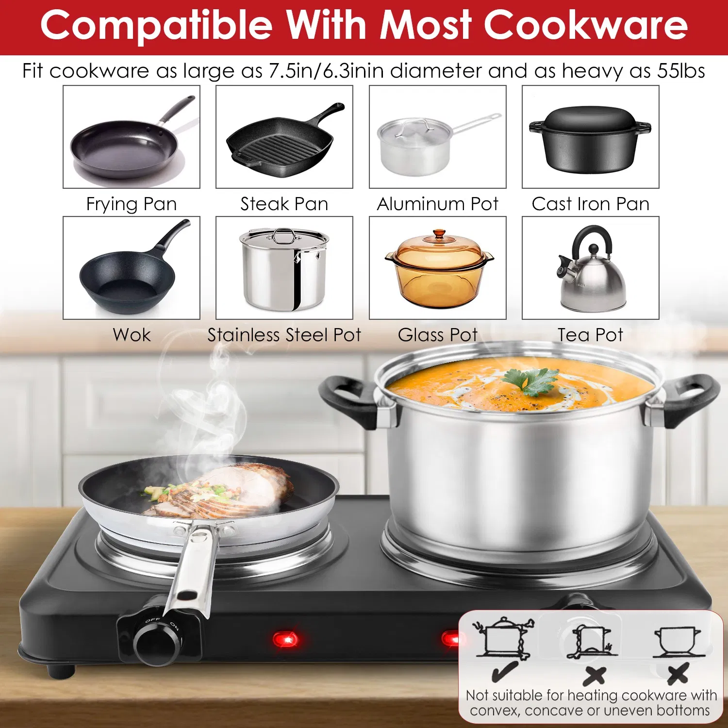 2000W Electric Infrared Dual Burner Portable Heating Hot Plate Stove Countertop RV Hotplate with 7.5' & 6.3' Glass Cooktop Stepless Temperature Adjustments for Home RV Camp photo 6