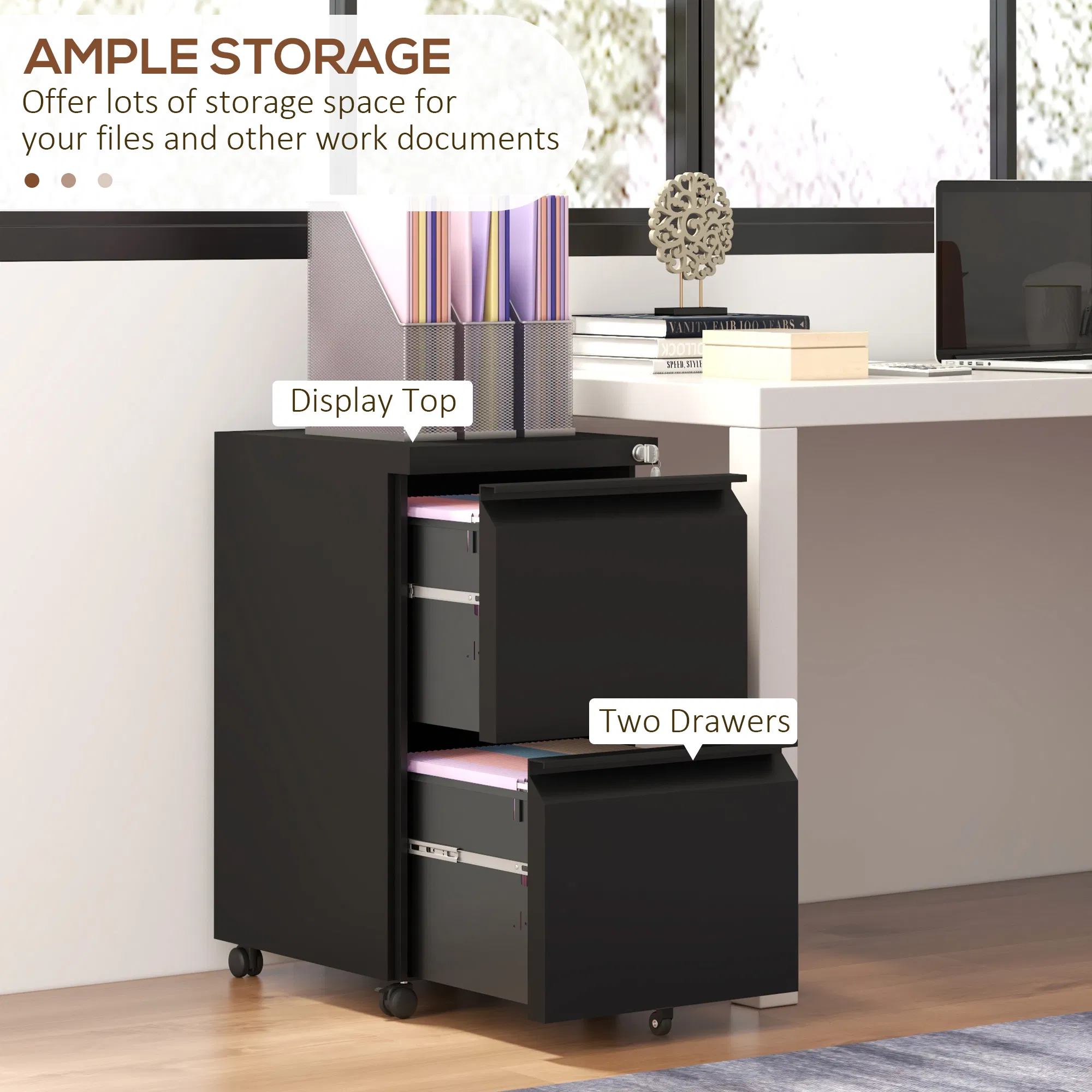 Mobile Vertical Filing Cabinet with Lock, 2-Drawer Steel File Cabinet with Adjustable Hanging Bar for Letter, A4 and Legal Size, Black photo 4