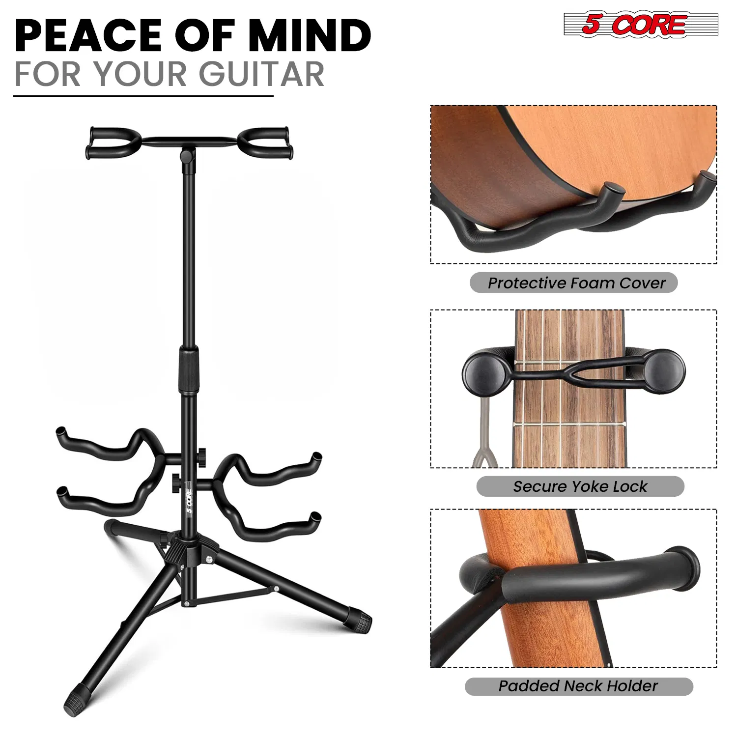 5 Core Guitar Stand Adjustable Double Guitars Stands Floor w Neck Holder Universal Supports for Acoustic Electric Classic Bass Instrument Folding Portable photo 3