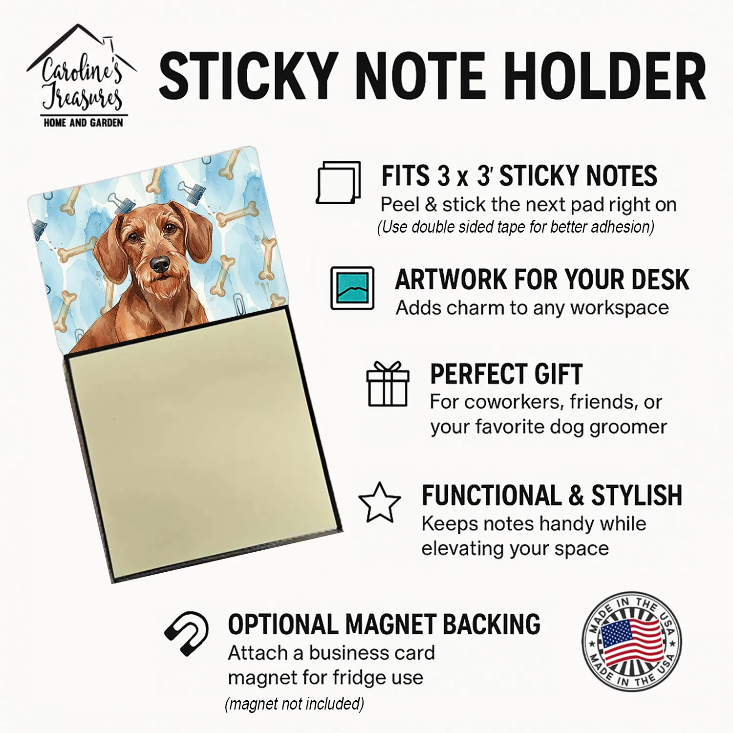 Wirehaired Red Dachshund Coworker Watercolor Sticky Note Holder Refillable Dispenser Desk Accessory 3x3 Pad Gift photo 4