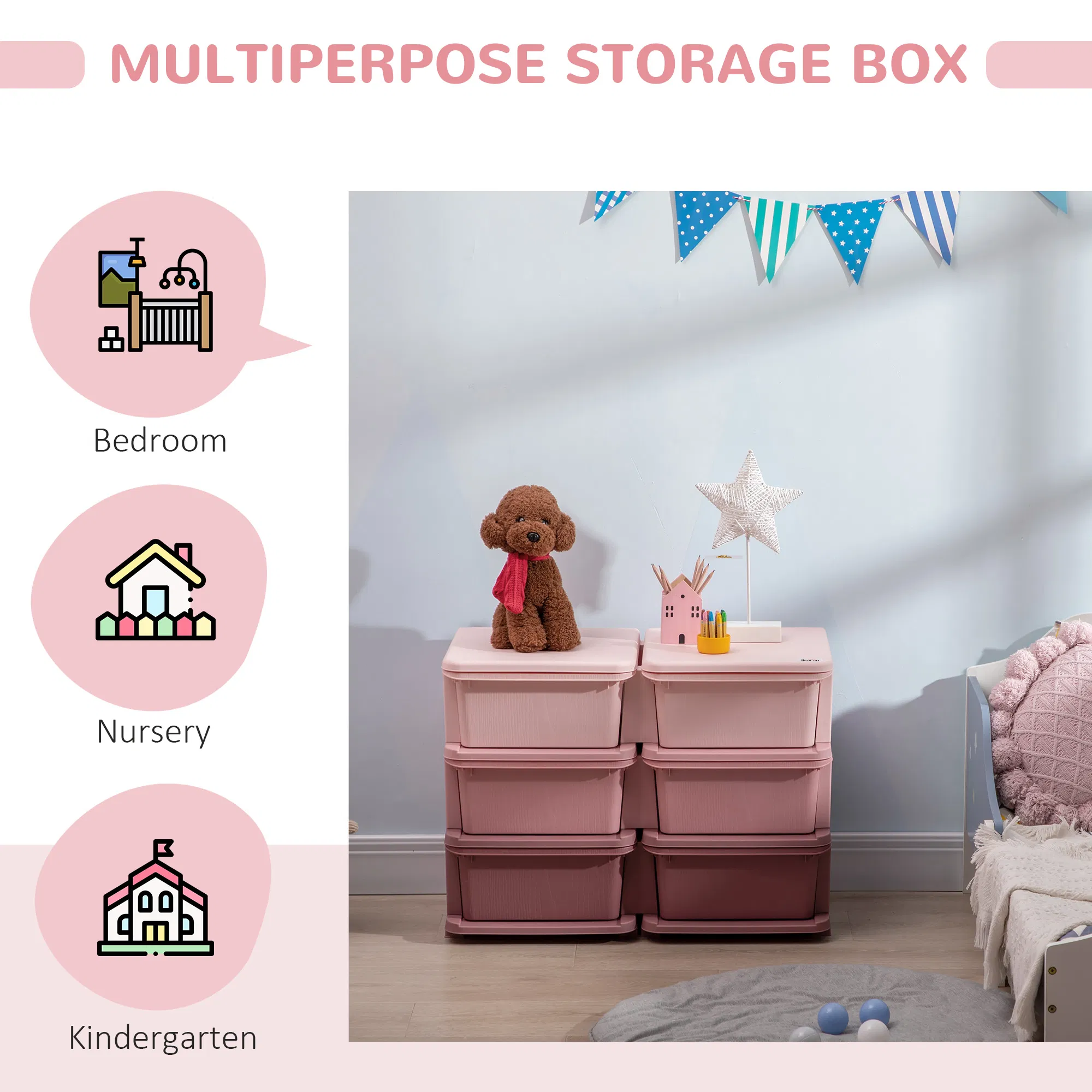 3 Tier Kids Toy Organizer and Storage Bins with 6 Plastic Drawers, Pink photo 6