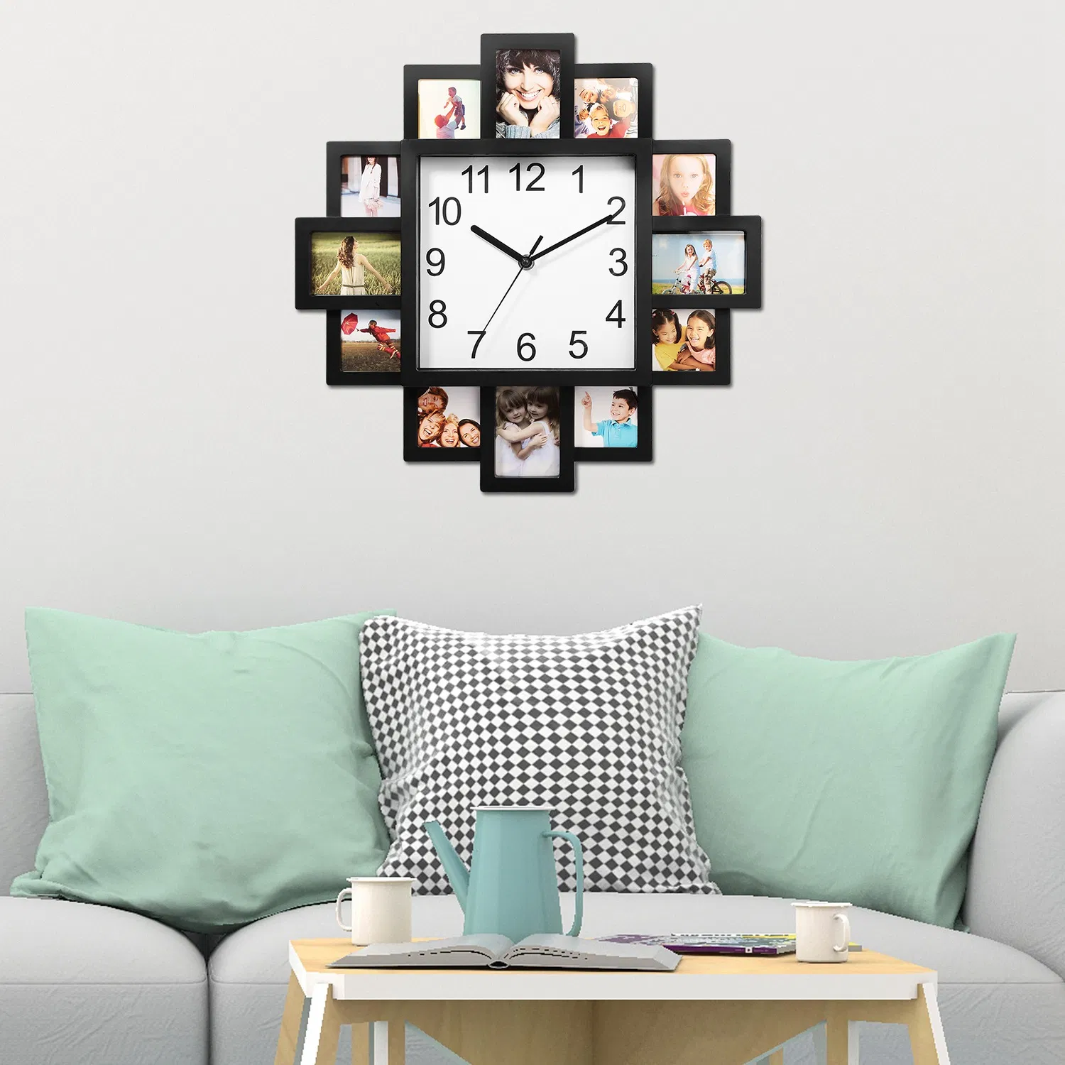 2 In 1 Wall Clock Photo Frame with Quartz Movement, 12 Photo Openings High Transparent Protective Cover ABS Material Back Hook Wall Mount for Living Room Office Conference Room photo 1