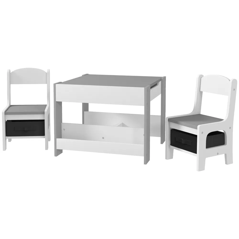 3 Piece Kids Table and Chair Set with Reversible Tabletop, Blackboard, Storage, Bookshelf, for Playroom, Nursery, Grey photo 7