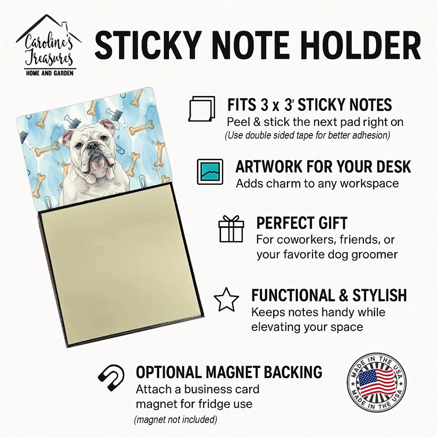White English Bulldog Coworker Watercolor Sticky Note Holder Refillable Dispenser Desk Accessory 3x3 Pad Gift photo 5