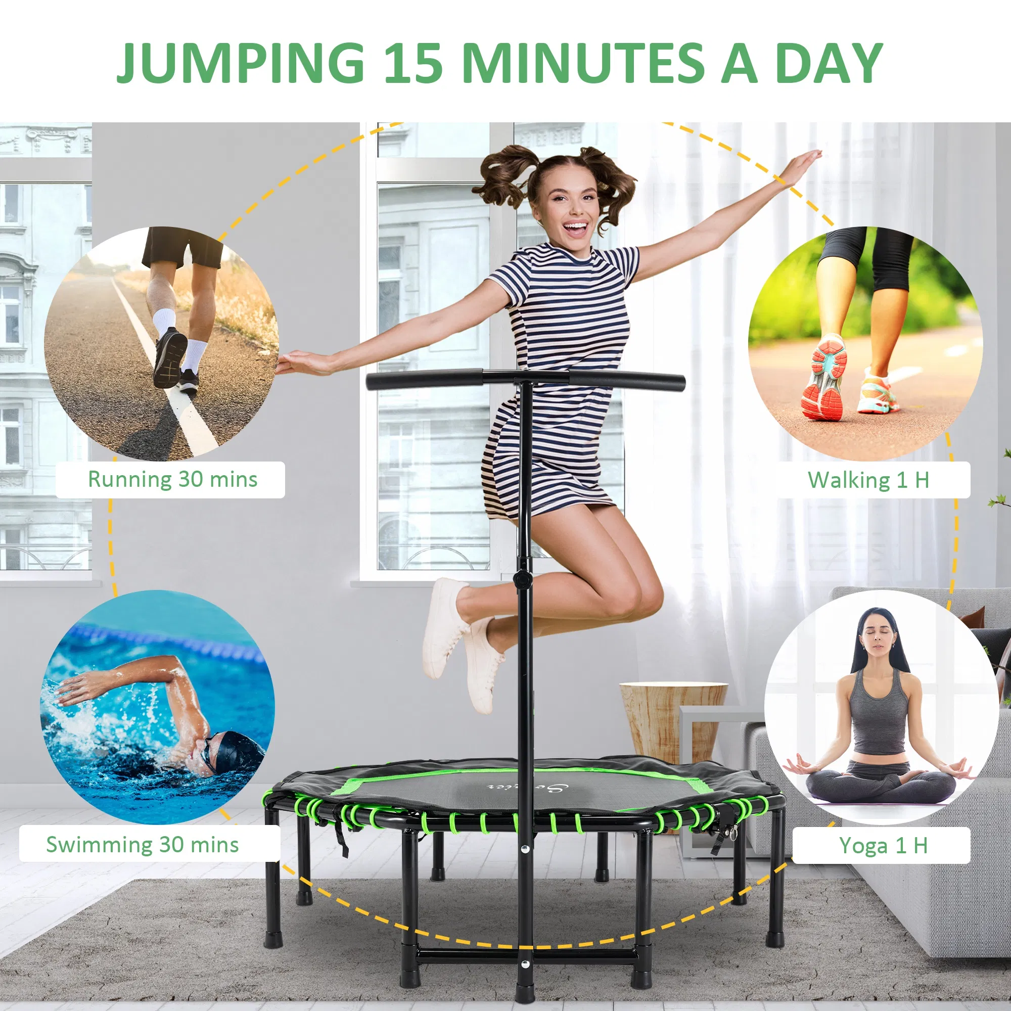 48" Mini Trampoline, Foldable Trampoline with Adjustable Handle Bar for Adults Exercise, Workout, Fitness, Green photo 5