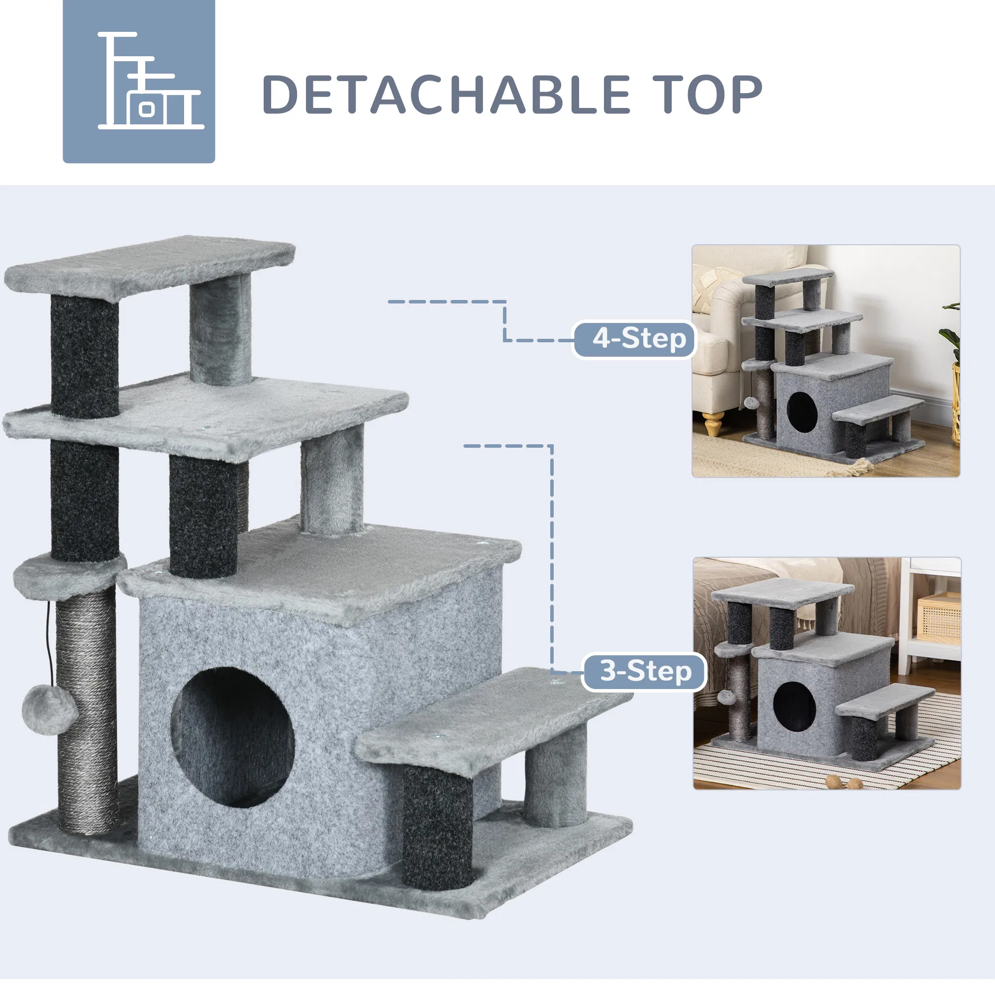 Cat Stairs Pet Steps for Couch Bed with Scratching Posts Condo Ball Toy, 23.6" x 15.7" x 26", Grey photo 3