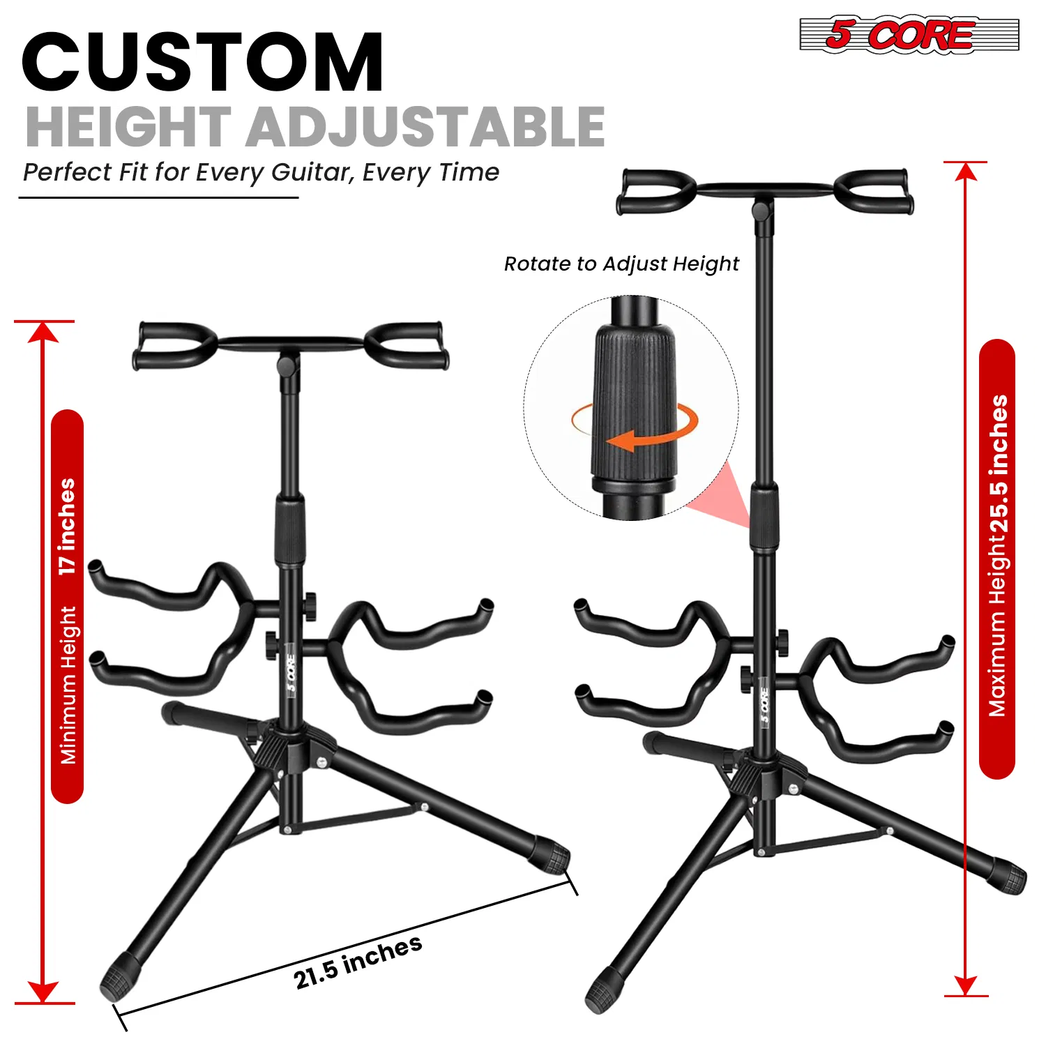 5 Core Guitar Stand Adjustable Double Guitars Stands Floor w Neck Holder Universal Supports for Acoustic Electric Classic Bass Instrument Folding Portable photo 4