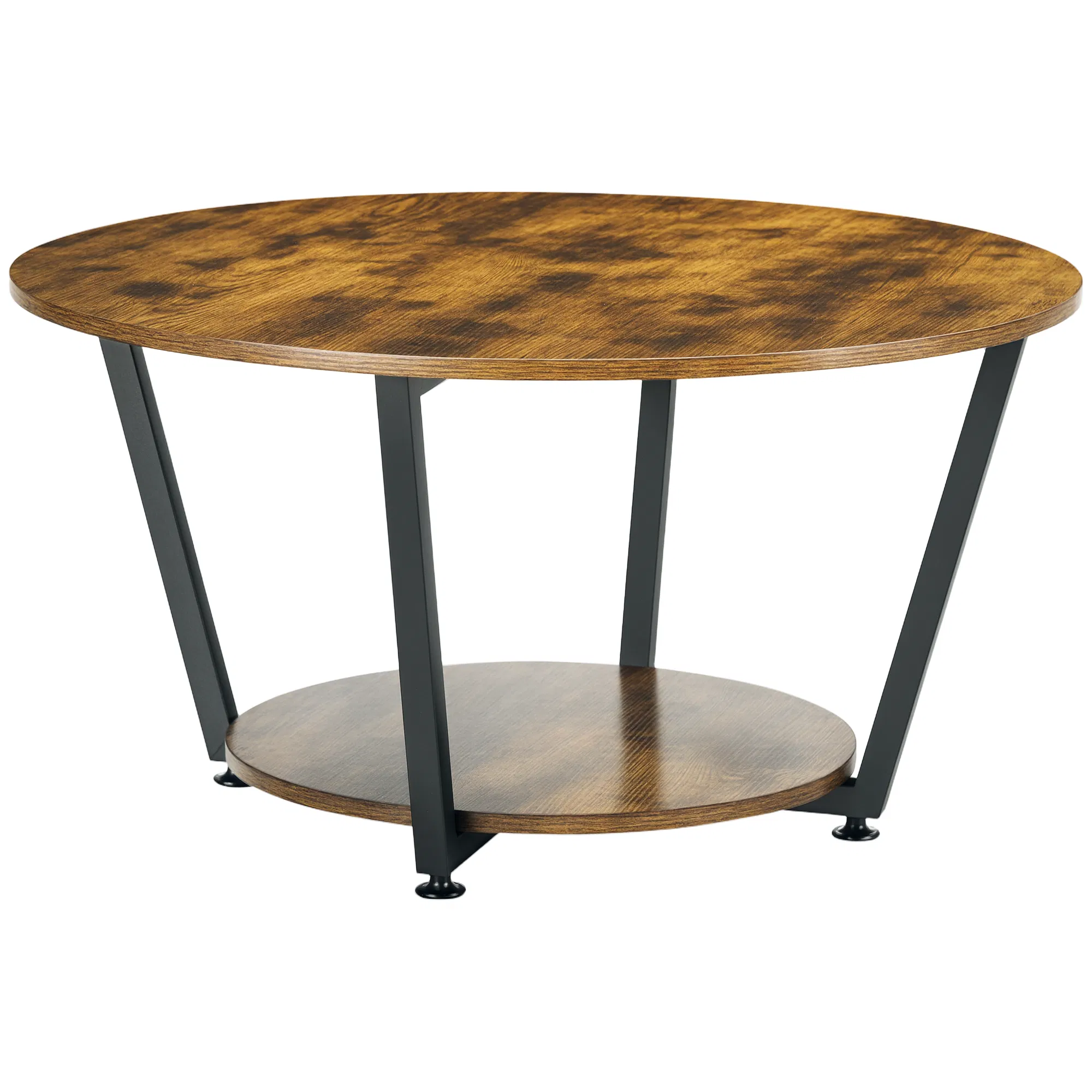 2-Tier Round Coffee Table with Storage Shelf, Industrial Center Table with Steel Frame for Living Room, Rustic Brown photo 1
