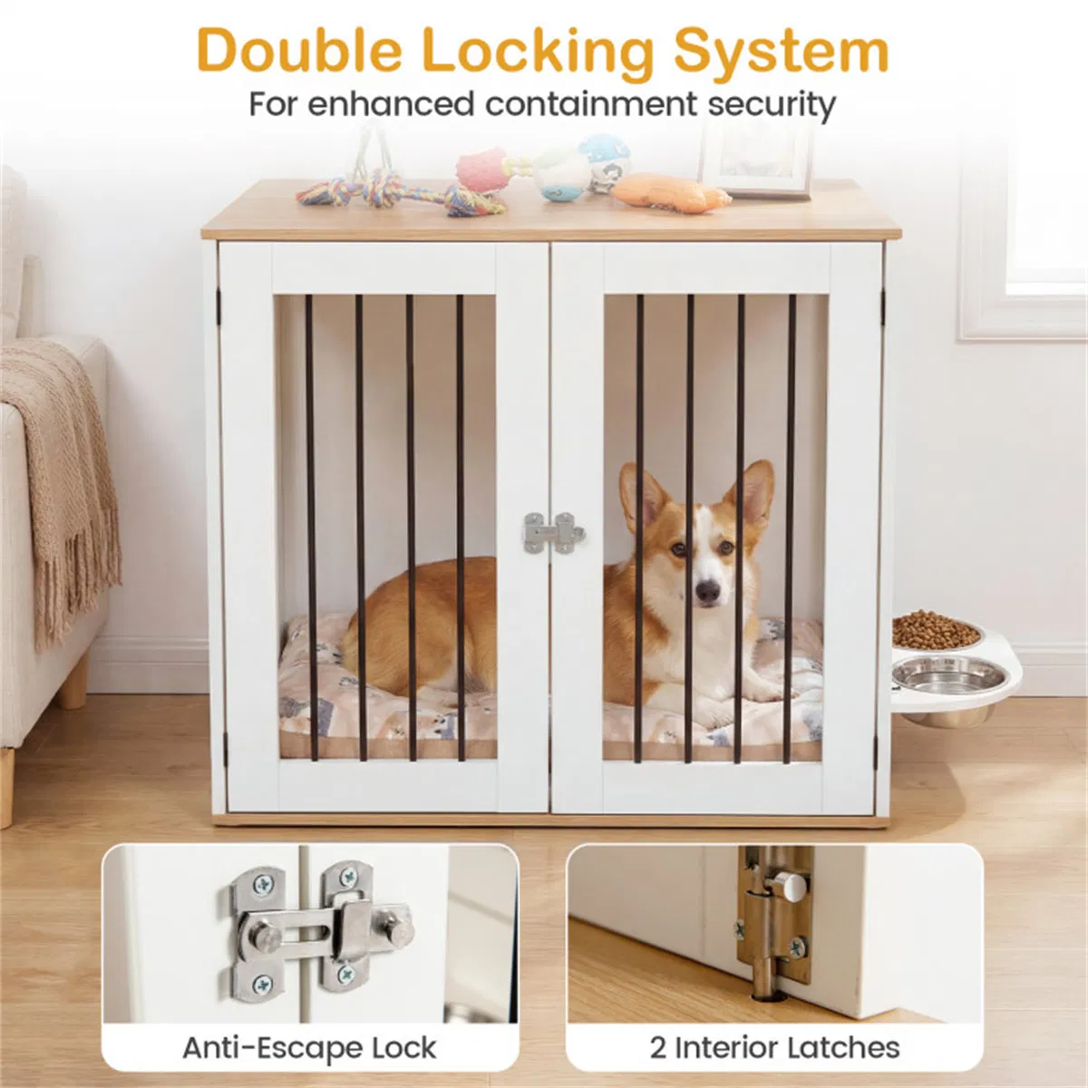 Furniture Style Dog Crate with 360° Rotating Feeder & 304 Stainless Steel Bowls, Double Locking Indoor Dog Kennel photo 5