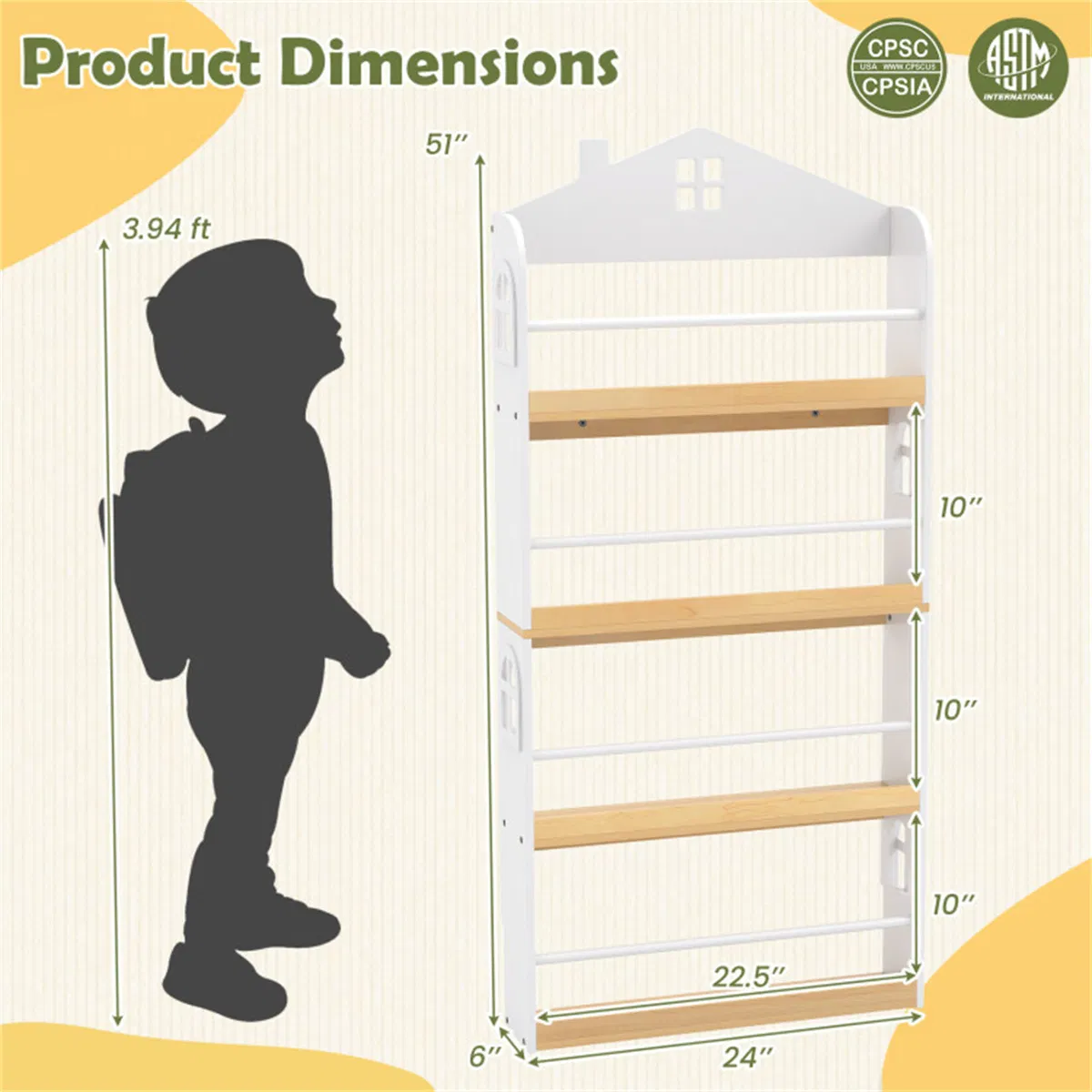 4-Tier House-Shaped Kids Bookshelf, 60.96×15.24×129.54 cm Front-Facing Book Rack with Anti-Toppling Kits for 3+ Years, White & Natural photo 5