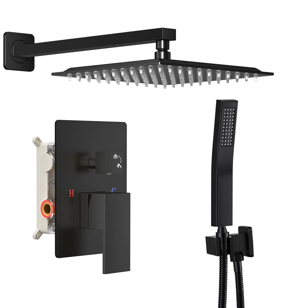 Wall-mounted shower faucet set - 10-12inch square overhead spray + handheld shower head with pressure balance and temperature control valve photo 6