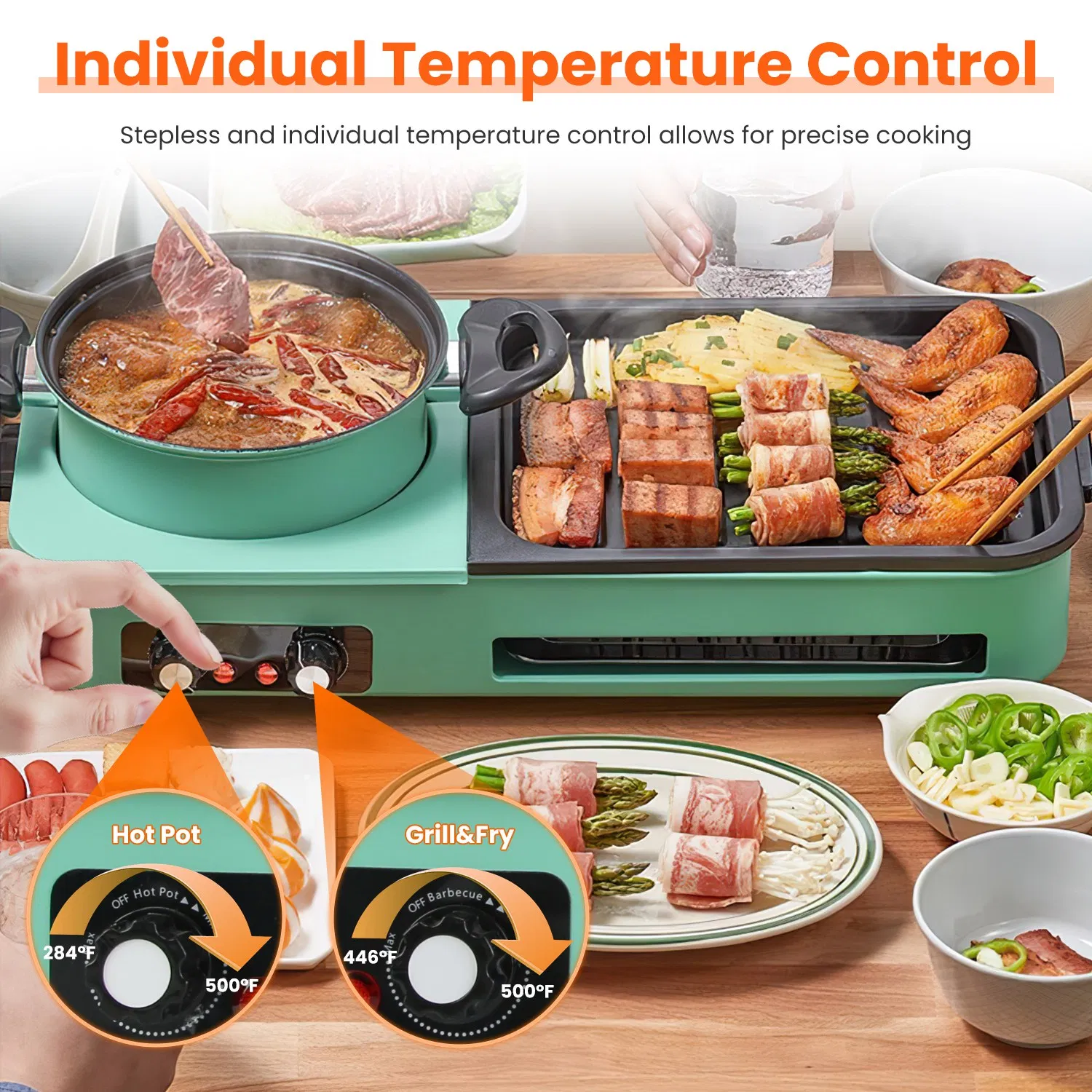 Electric Hot Pot with Grill,1600W 3-in-1 Smokeless Raclette Table Grill for Kitchen, Barbecue Shabu Hot Pot with Non-Stick Cooking Removable Plate, Dual Temperature Control & Dishwasher Safe photo 8