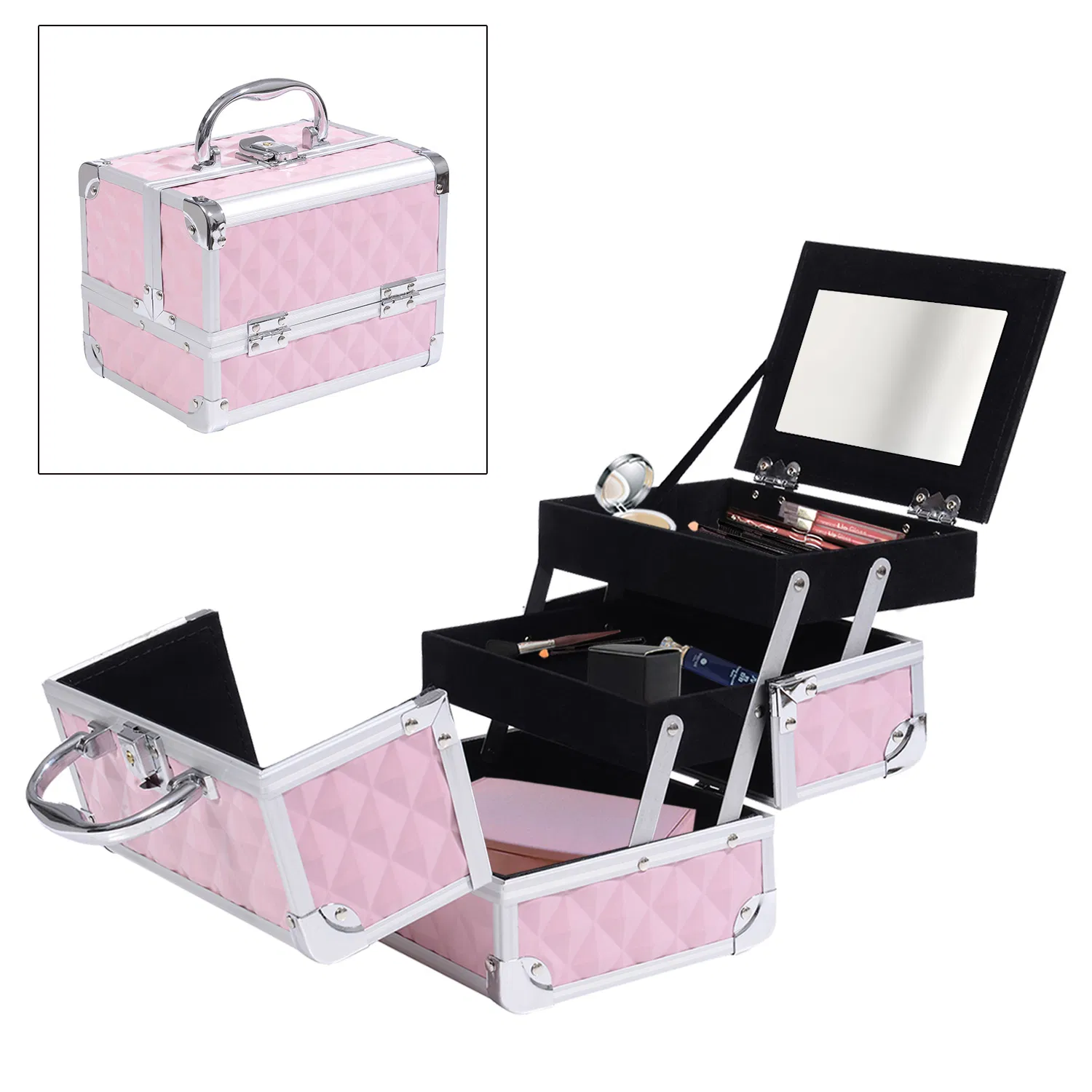 Cosmetic Train Case 3 Tier Diamond Texture Organizer with Mirror Portable Pink 8"x6"x6" photo 2