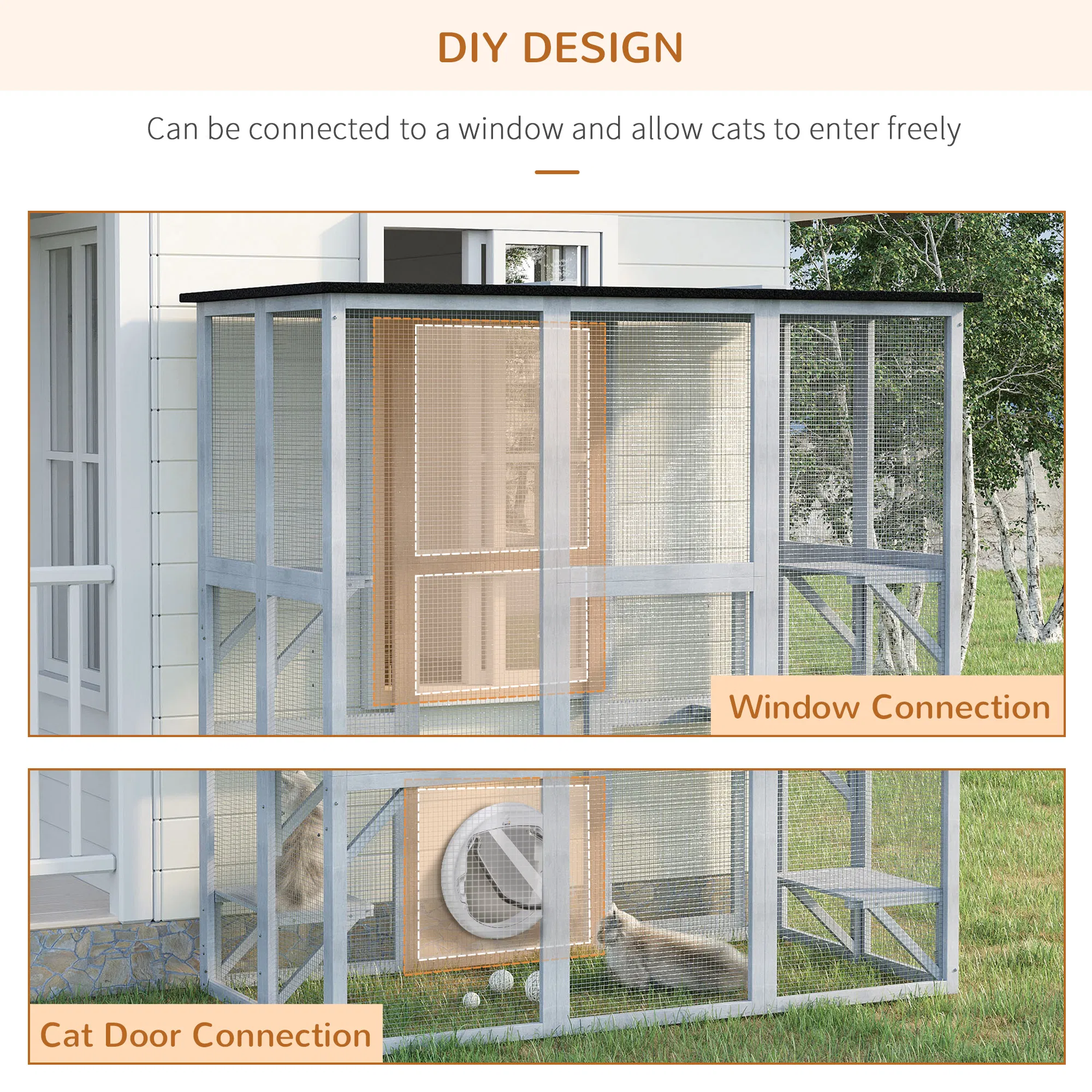Large Outdoor Catio Enclosure, Weatherproof Cat House with Asphalt Roof, Wooden Cat Patio Cage with 6 Balanced Platforms, 71" x 39" x 71", Grey photo 6