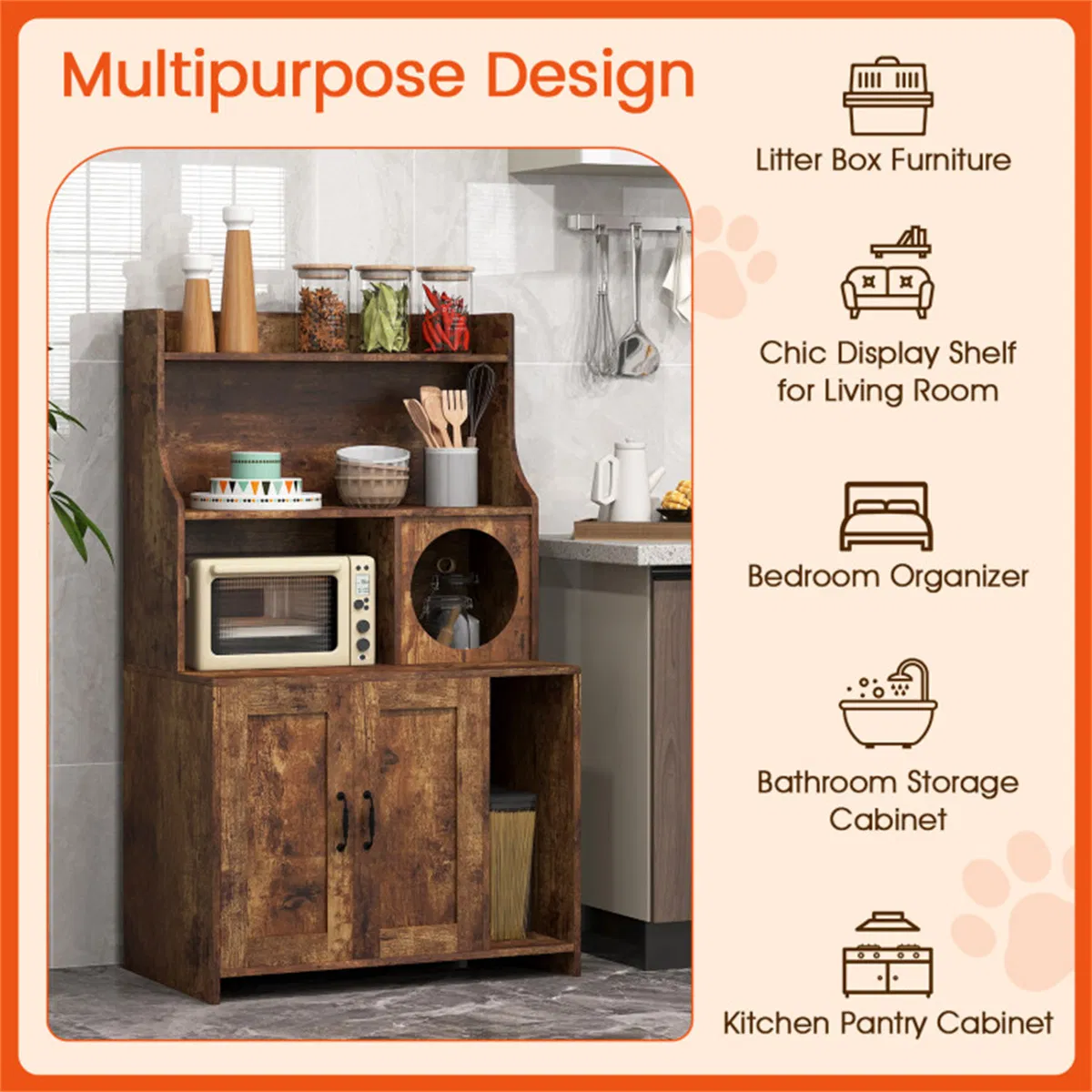Wooden Hidden Cat Litter Box Enclosure with Storage Shelves Anti-Toppling Design Industrial Style Brown photo 3