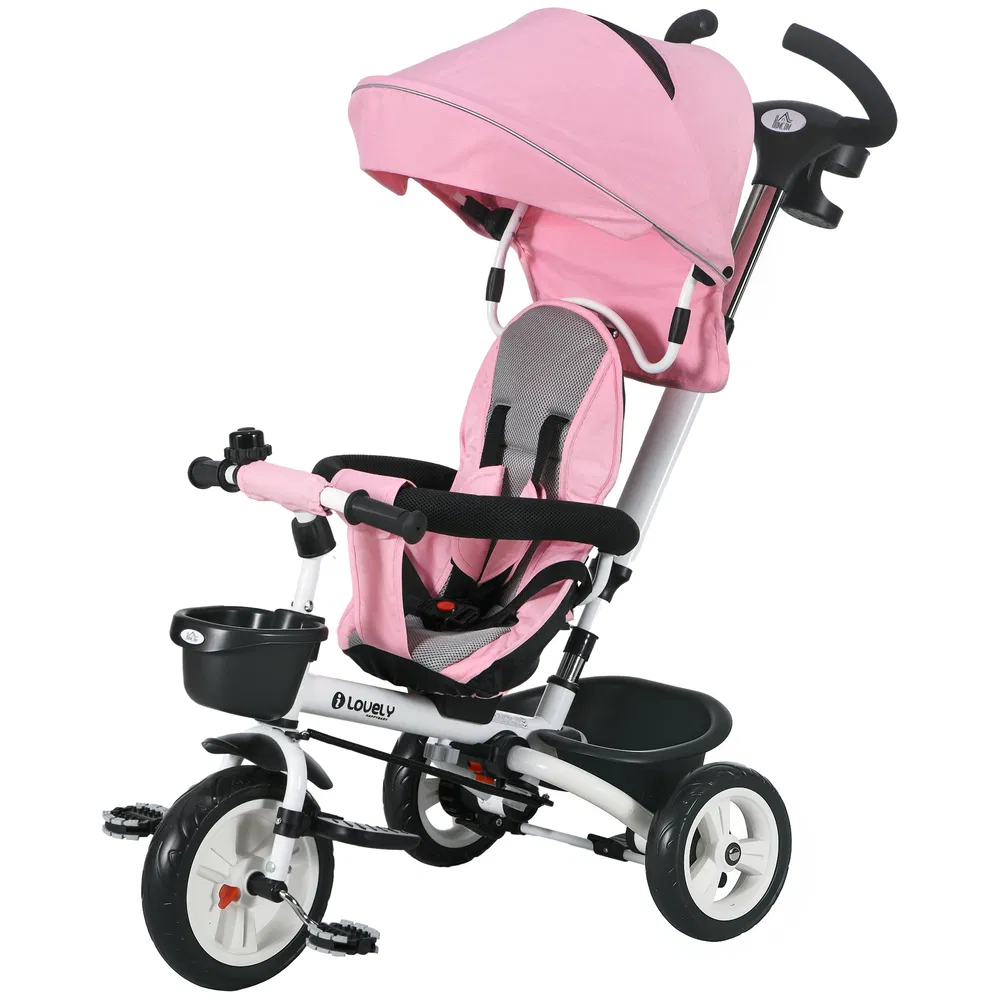 6 in 1 Toddler Tricycle with Parent Push Handle, Canopy, Storage Baskets, Cupholder, Pink photo 7