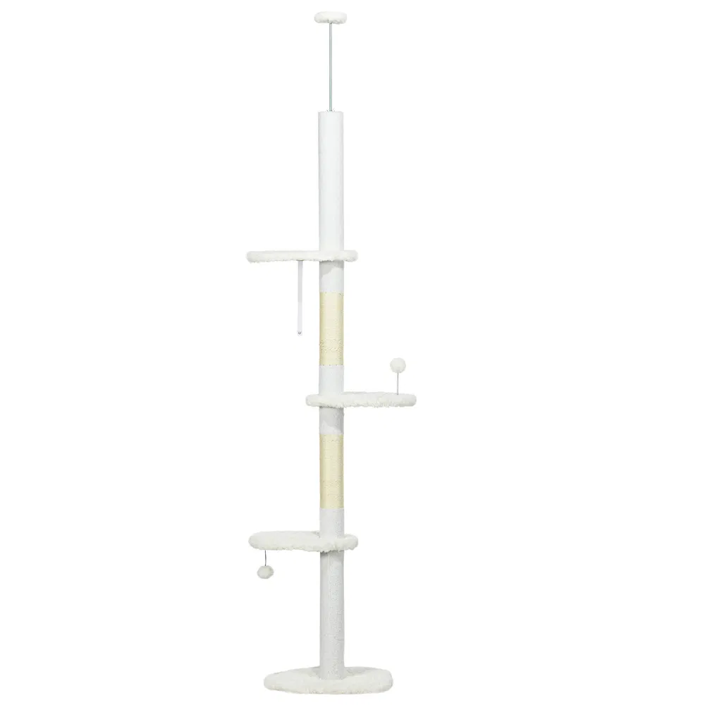 88.5"-100.5" Floor to Ceiling Cat Tree, Cat Tower with Scratching Posts, Cloud Shaped Platforms, Dangling Balls, White photo 7
