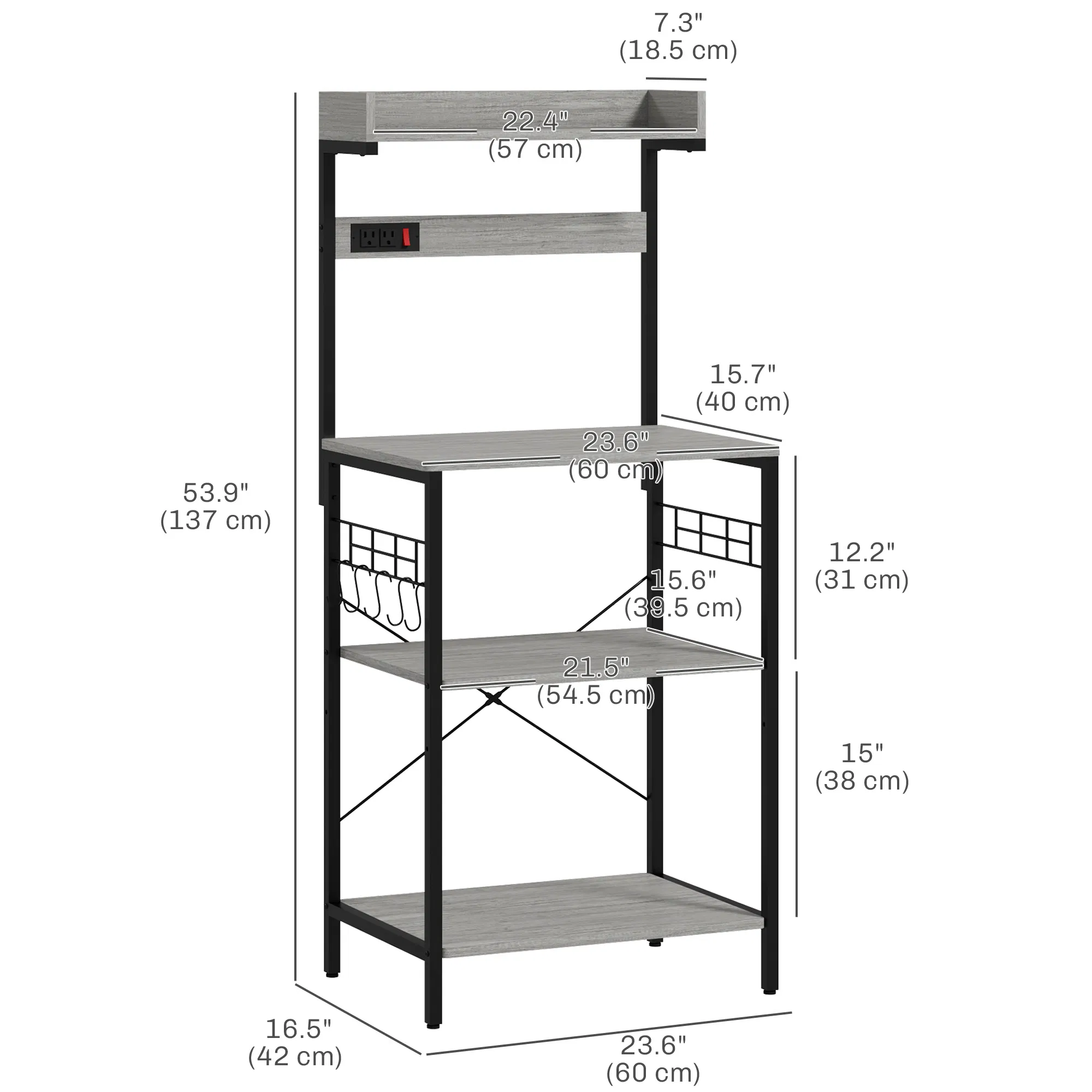 Kitchen Baker's Rack with Power Outlet, Coffee Bar Station with Adjustable Shelves and Hooks, Distressed Grey photo 2