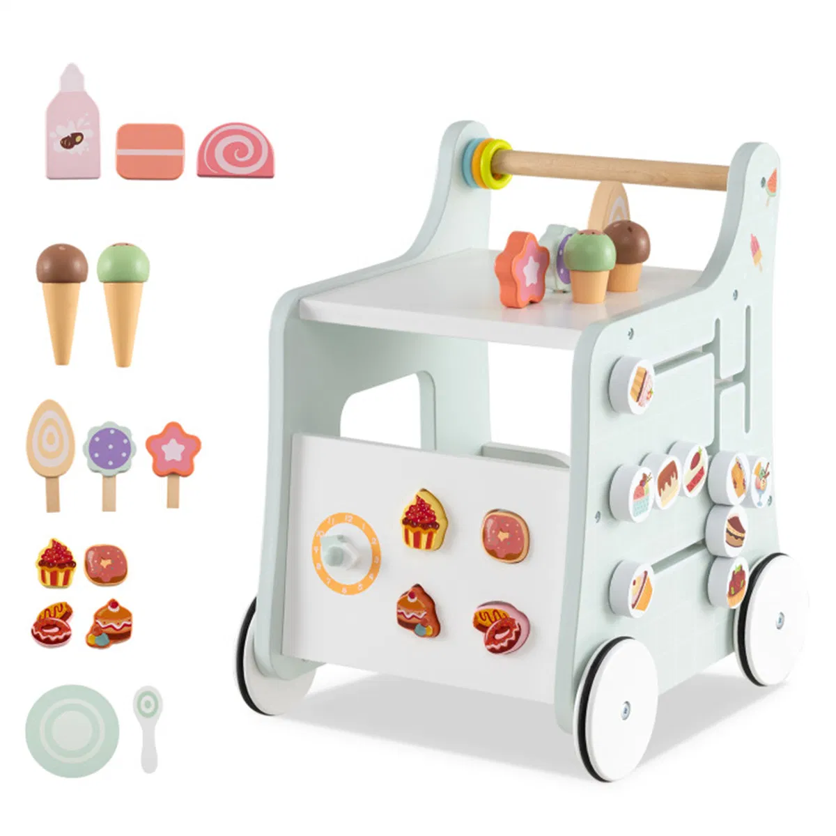 2-in-1 Baby Walker with 8 Fun Activities (Dessert Sorter/Adjustable Clock/Maze) + Side Shop Window (Role Play)-Light Green photo 3