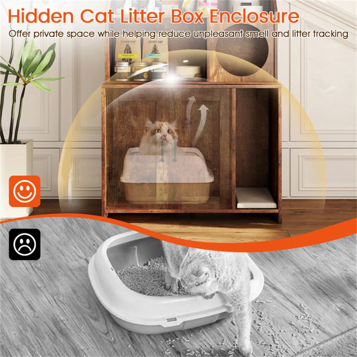 Wooden Hidden Cat Litter Box Enclosure with Storage Shelves Anti-Toppling Design Industrial Style Brown photo 2
