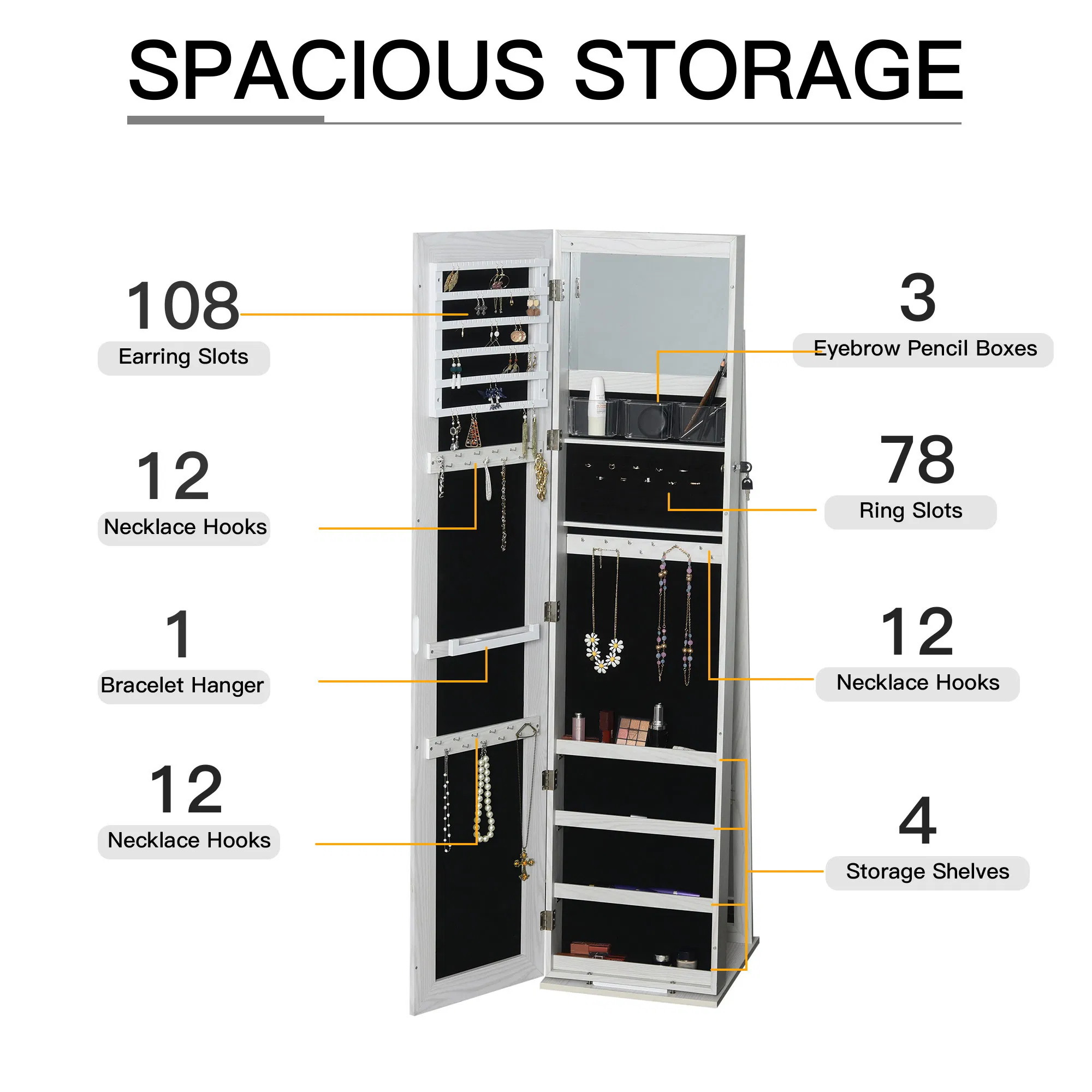 Lockable Jewelry Cabinet Standing Armoire Full Length Mirror LED Lights White Jewelry Organizer photo 5