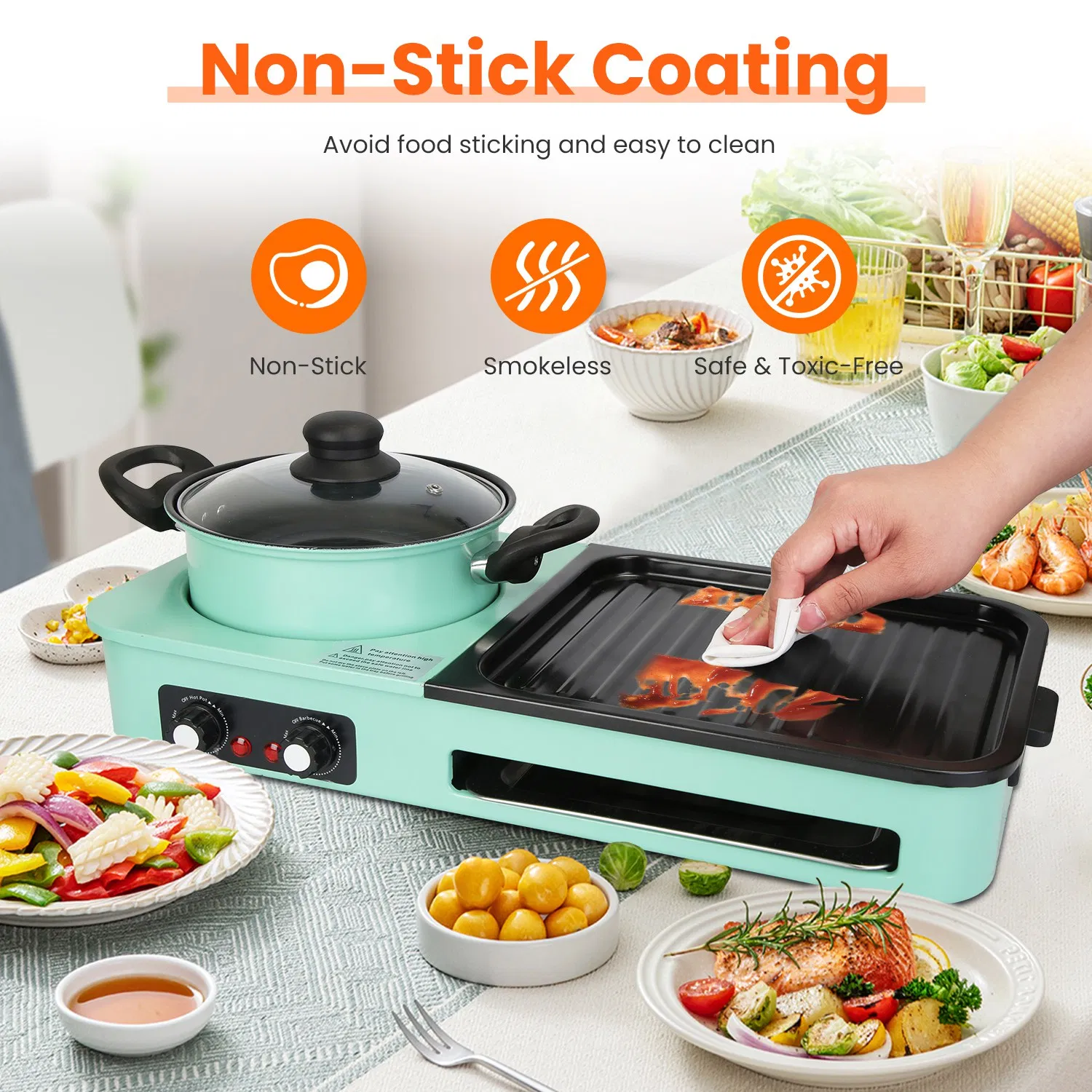Electric Hot Pot with Grill,1600W 3-in-1 Smokeless Raclette Table Grill for Kitchen, Barbecue Shabu Hot Pot with Non-Stick Cooking Removable Plate, Dual Temperature Control & Dishwasher Safe photo 5