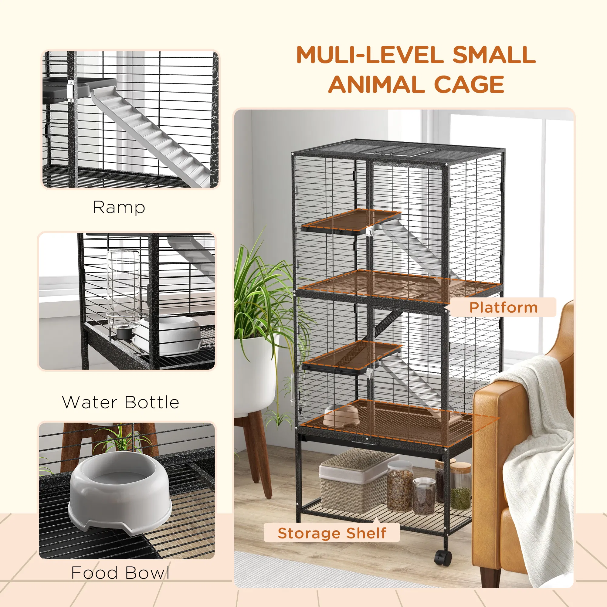 Rolling Small Animal Cage 53.5"H Chinchilla Cage for Ferrets, Squirrels w/ Removable Tray, Storage Shelf, Dark Grey photo 3