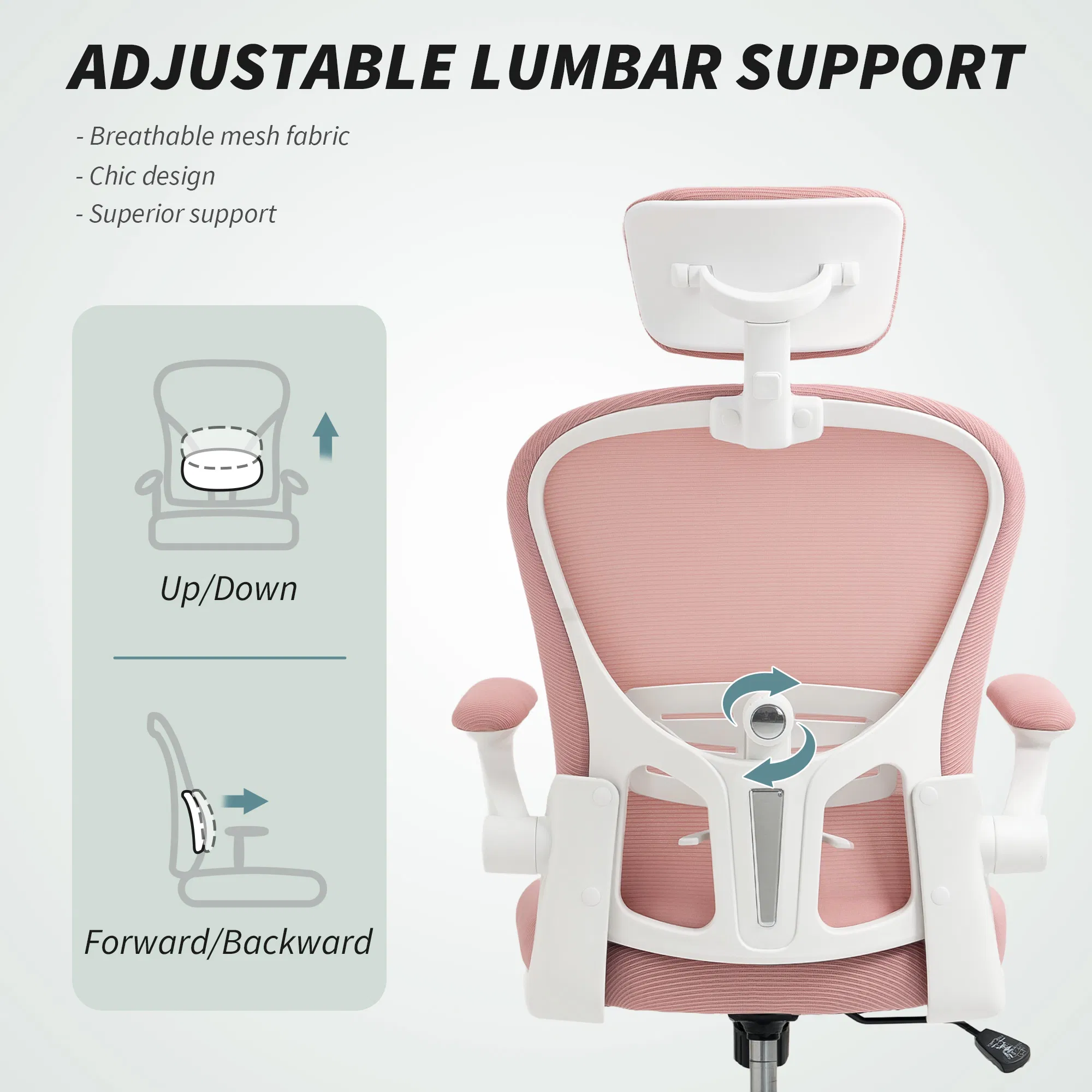 Office Chair, Mesh Computer Desk Chair with Adjustable Headrest, 4D Lumbar Support, Flip-up Arm, Pink photo 3