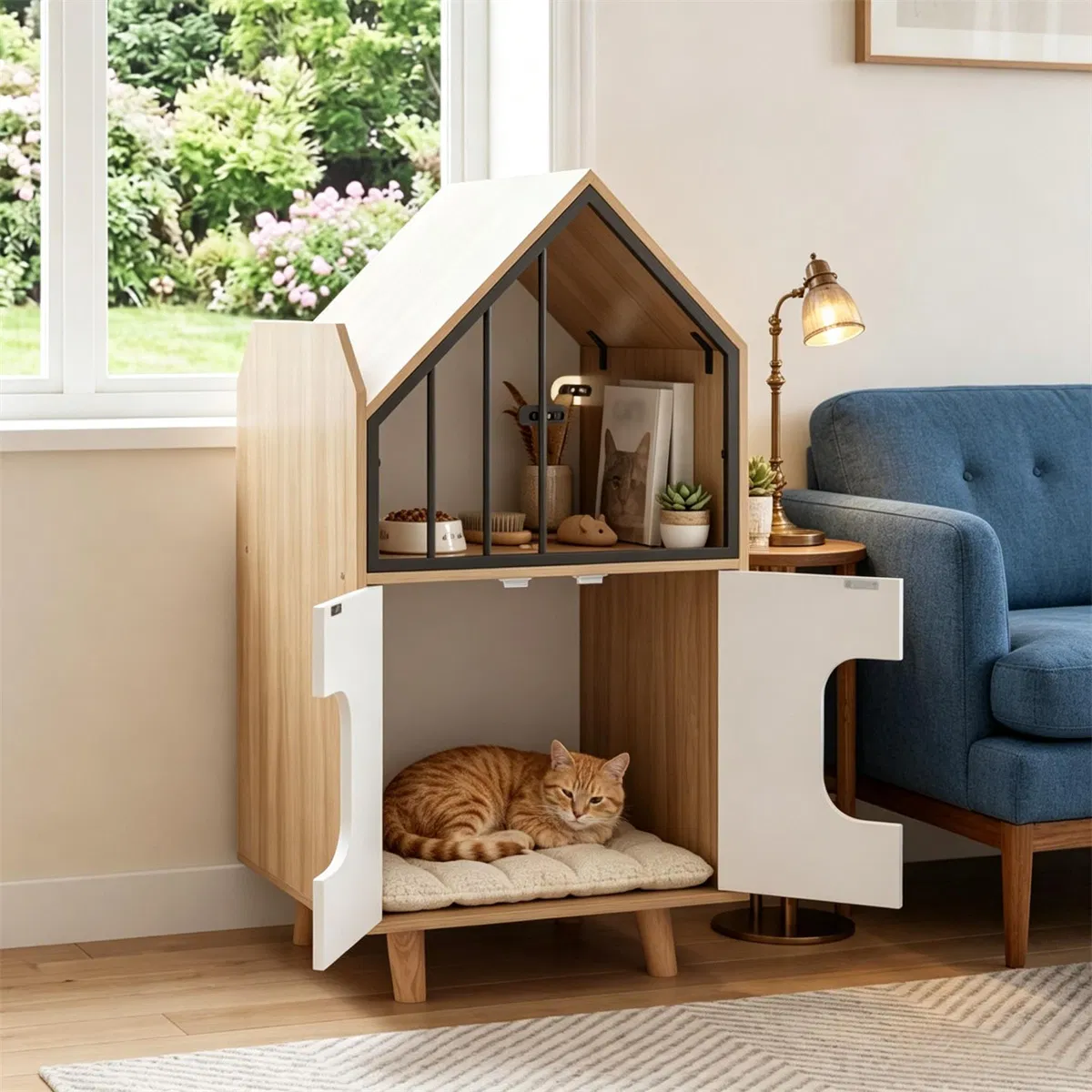 Natural & White Hidden Cat Litter Box Furniture, Elevated Cat Lounge Top Enclosed Cat Washroom Cabinet with Raised Legs for Living Room Bedroom Apartment photo 5