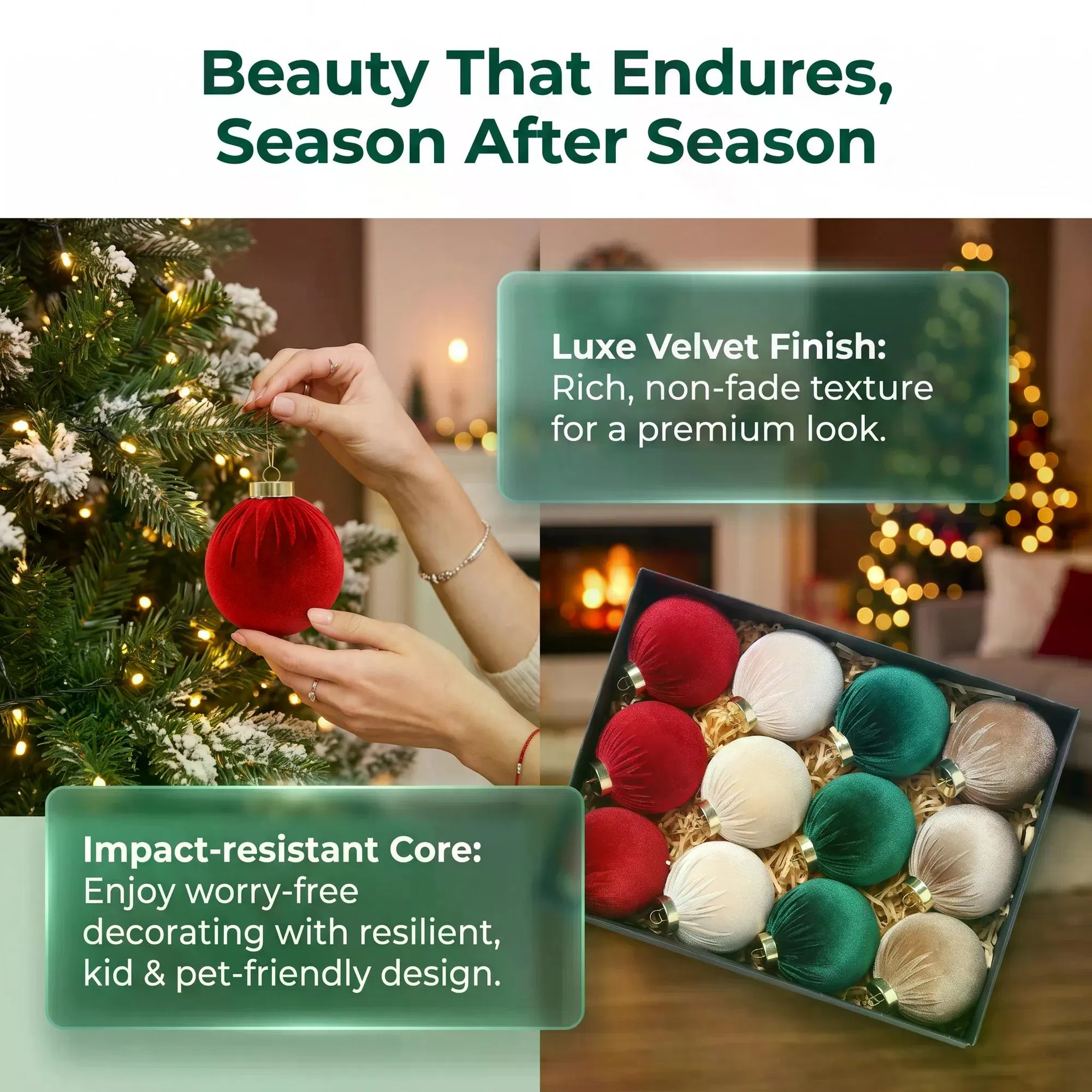 12Pcs Velvet Christmas Baubles Set, 80mm (3.15inch) Fabric Wrapped Xmas Balls, Red Green Cream Coffee Hanging Ornaments for Christmas Tree Holiday Home Party Decor photo 5