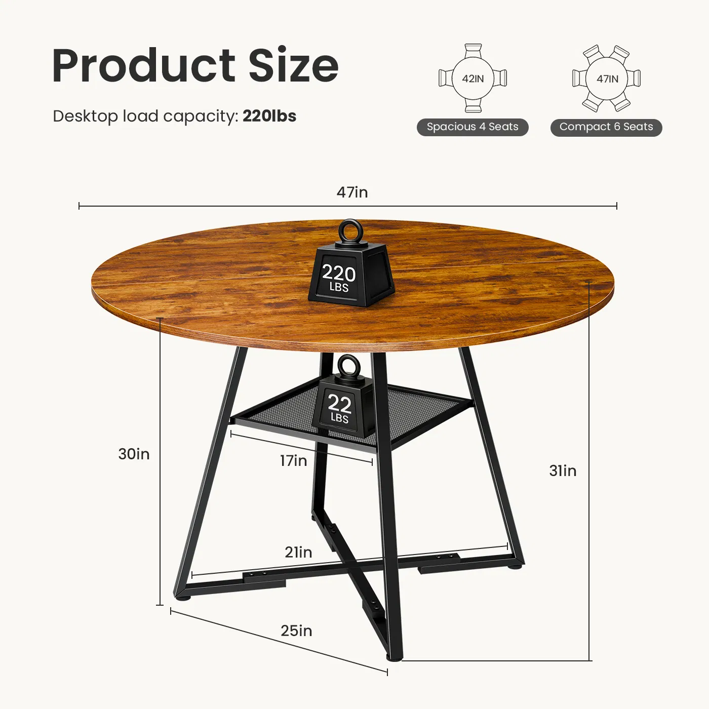 Round table, suitable for 4 to 6 people, a space-saving kitchen table with double-layer storage function, metal base frame photo 3