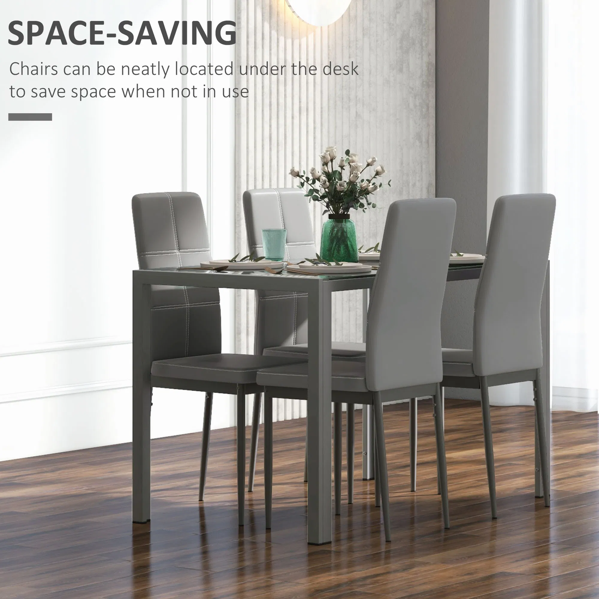 3-Piece Rectangular Glass Kitchen Table and Chairs with Metal Frame and Faux Leather Upholstery for Dining Room, Grey photo 3