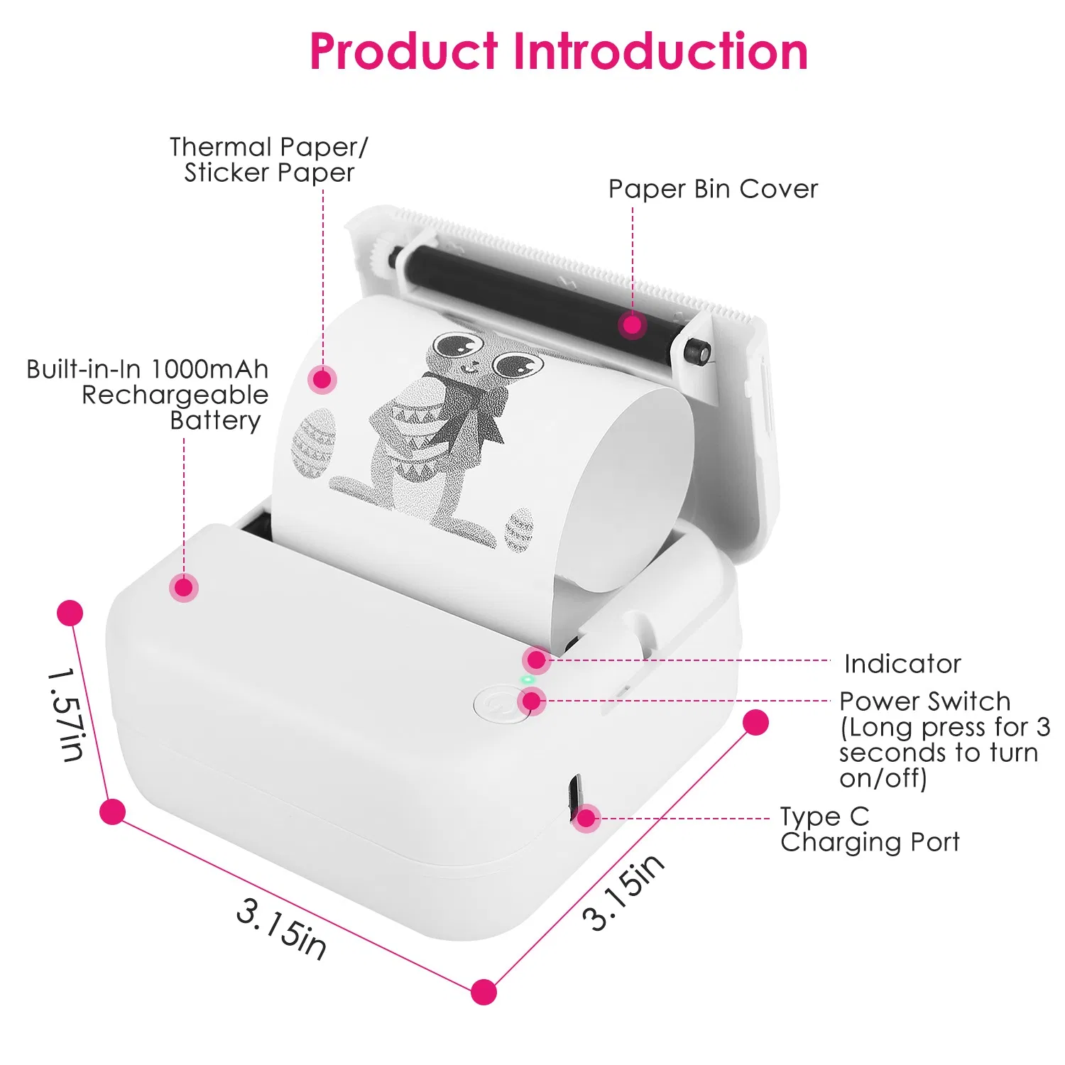 Portable Pocket Thermal Printer, Bluetooth Mini Ink-less Printer, Built-in 1000mAh Battery, Includes 2 Rolls Printing Paper, Compatible with iOS & Android for Label List Memo Picture Printing photo 5