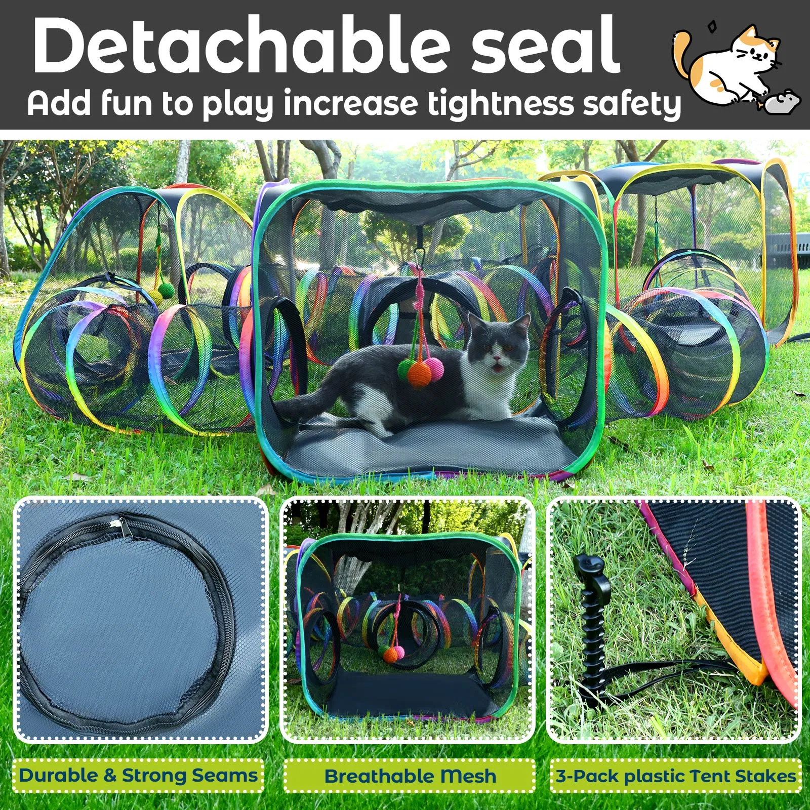 Portable Cat Enclosure - 7-in-1 Outdoor Catio with Tent & Tunnel, Foldable Playpen for Indoor Cats, Includes Storage Bag for Cats & Small Animals Rainbow Color photo 5