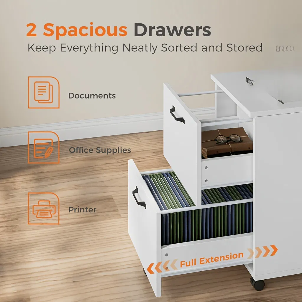 Living Room 2 Drawer Rolling Wood Filing Cabinet with Printer Stand Under Desk Storage Lockable Wheels Home Office Organizer photo 2