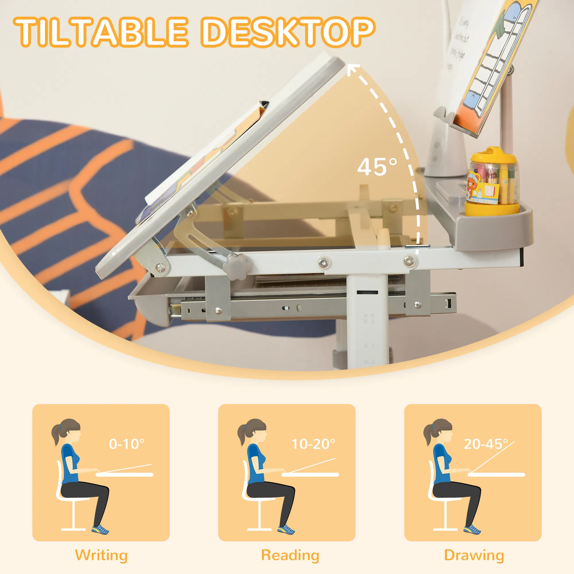 Kids Desk and Chair Set Height Adjustable Student Writing Desk Children School Study Table with Tilt Desktop, Grey photo 6