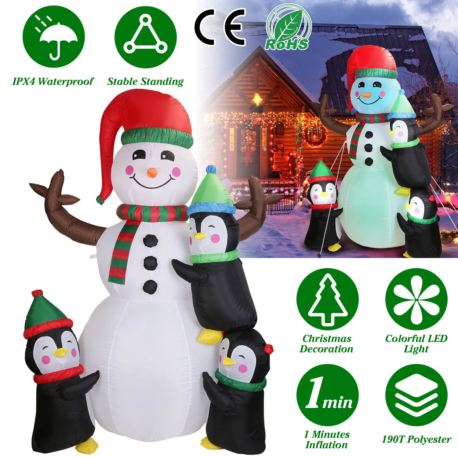 5.9FT Christmas Inflatable Decoration - Snowman & 3 Penguins with 5 LED Lights Includes Stakes/Ropes/Sandbags for Yard, Garden, Outdoor Indoor Decor photo 2