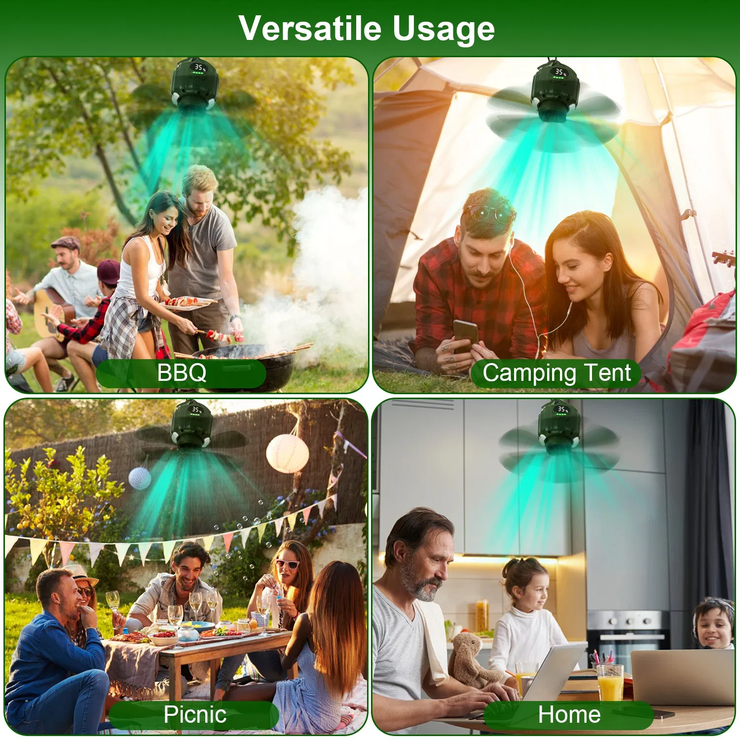 Rechargeable 3-in-1 Camping Fan, LED Lantern Hanging Fan with Large Capacity Battery, USB Power Bank, Low Noise & Timer Function for Outdoor Adventures photo 3