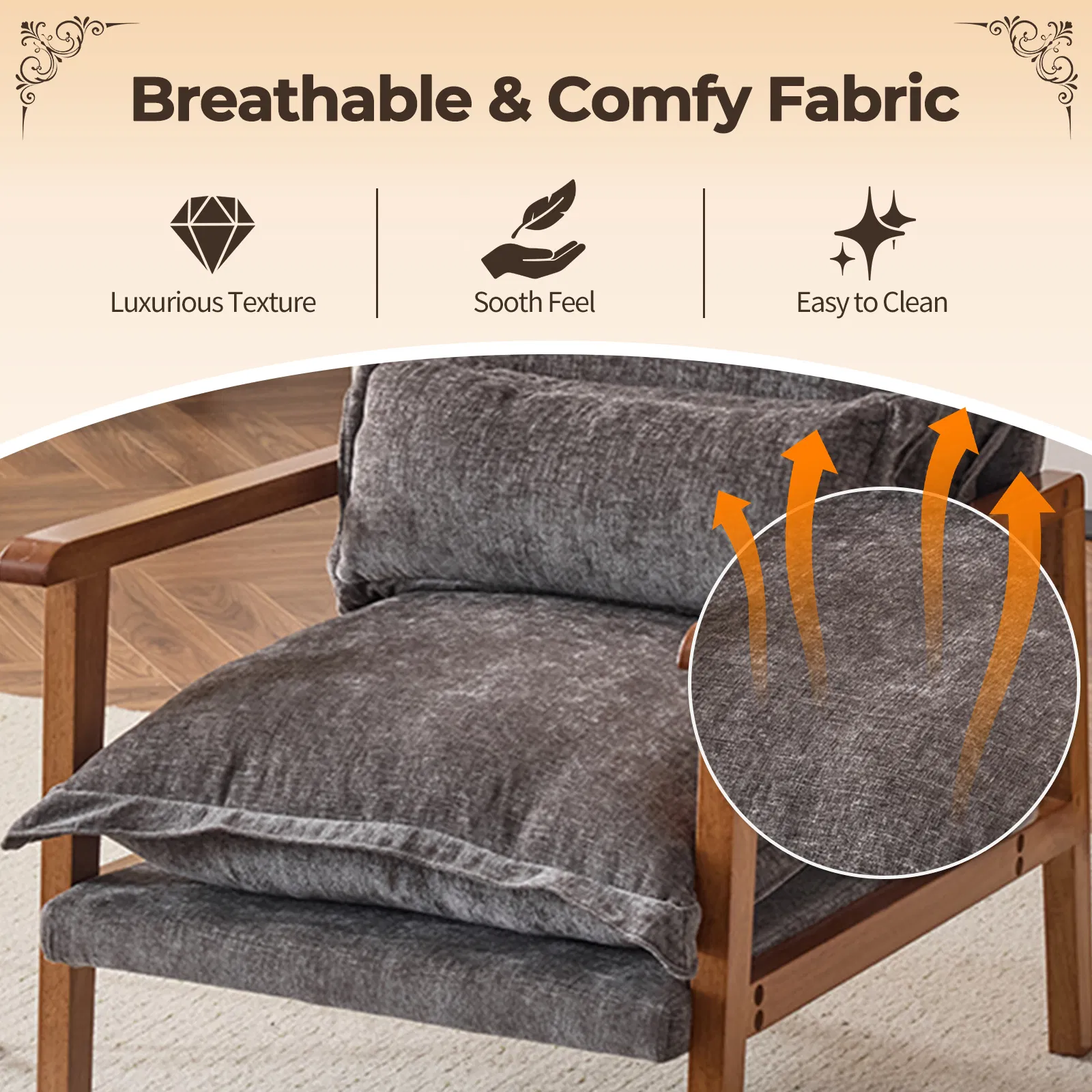 Cloud Shaped Indoor Leisure Chair with Solid Wood Armrest & Solid Wood Frame, Chenille Fabric Accent Chair with Lumbar Pillow, Single Sofa Chair Dark Grey photo 4